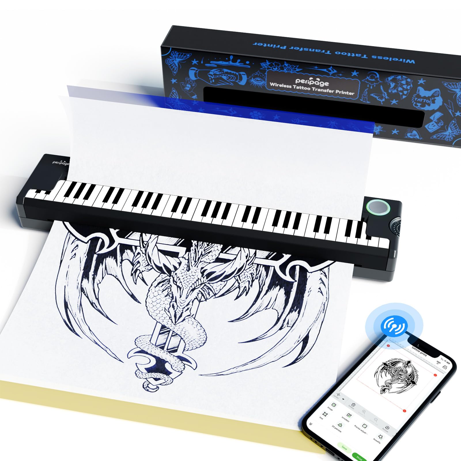 Pino Wireless Tattoo Stencil Printer - Portable Thermal Transfer Machine for Professional & Beginner Tattoo Artists | Compatible with Smartphone, Tablet & PC | Perfect for Tattoo Studio, Home Practice & On-the-Go Designs