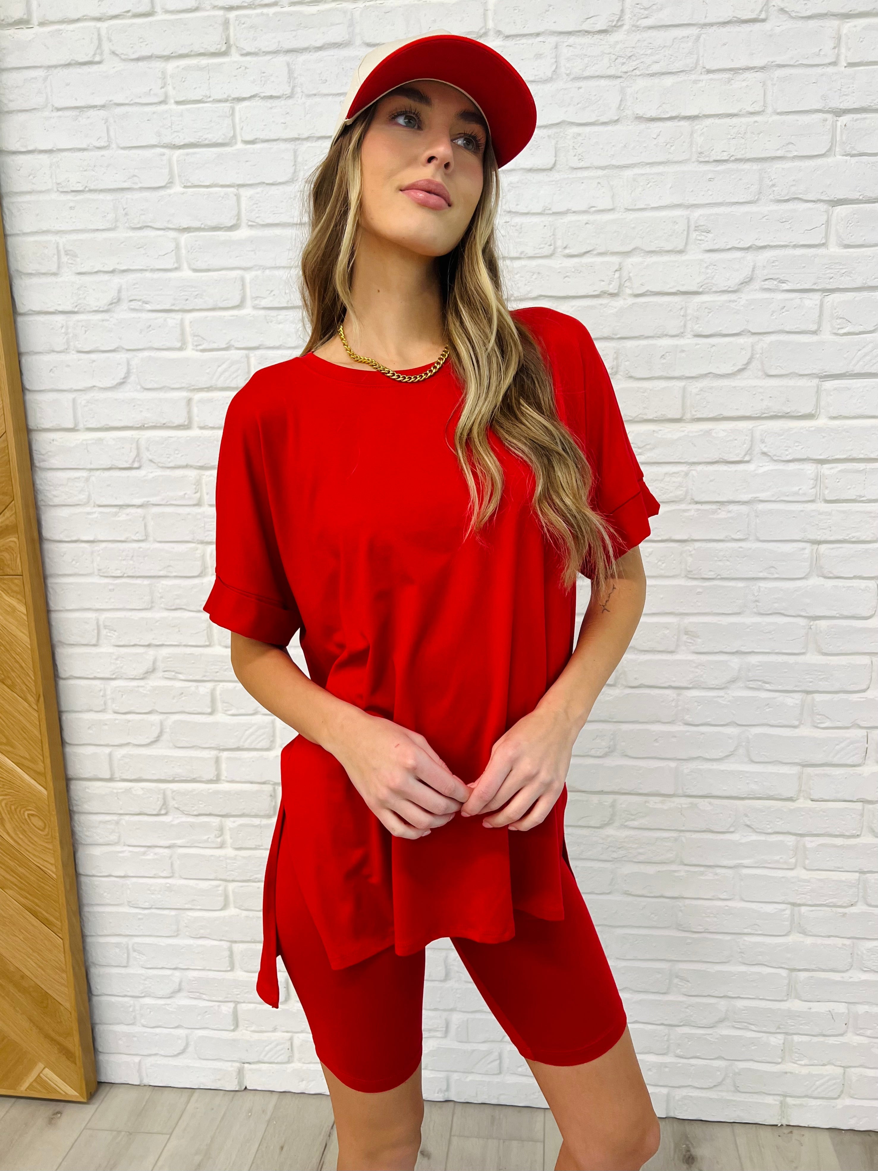 Women's Comfy Cruising Top and Biker Shorts Set - Ruby Red Activewear for Yoga, Gym & Casual Wear | Breathable Workout Outfit