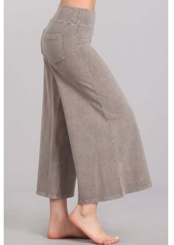 Stylish Mineral Washed Cropped Gaucho Pants - Made in USA | Comfortable High-Waisted Wide Leg Trousers for Women | Perfect for Casual Outings, Beach Vacations & Boho Fashion