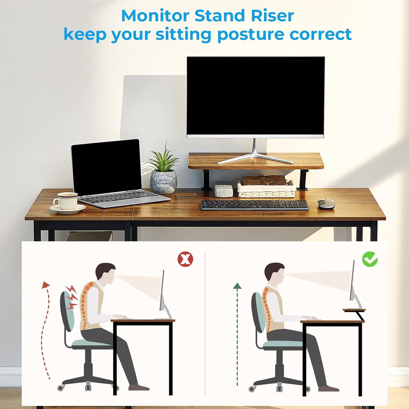GreenForest 47-inch Computer Desk with Monitor Stand - Modern Home Office Desk with Reversible Storage Shelves, Study Writing Work Table, Easy Assembly, Walnut Finish - Perfect for Small Spaces & Remote Work Setup