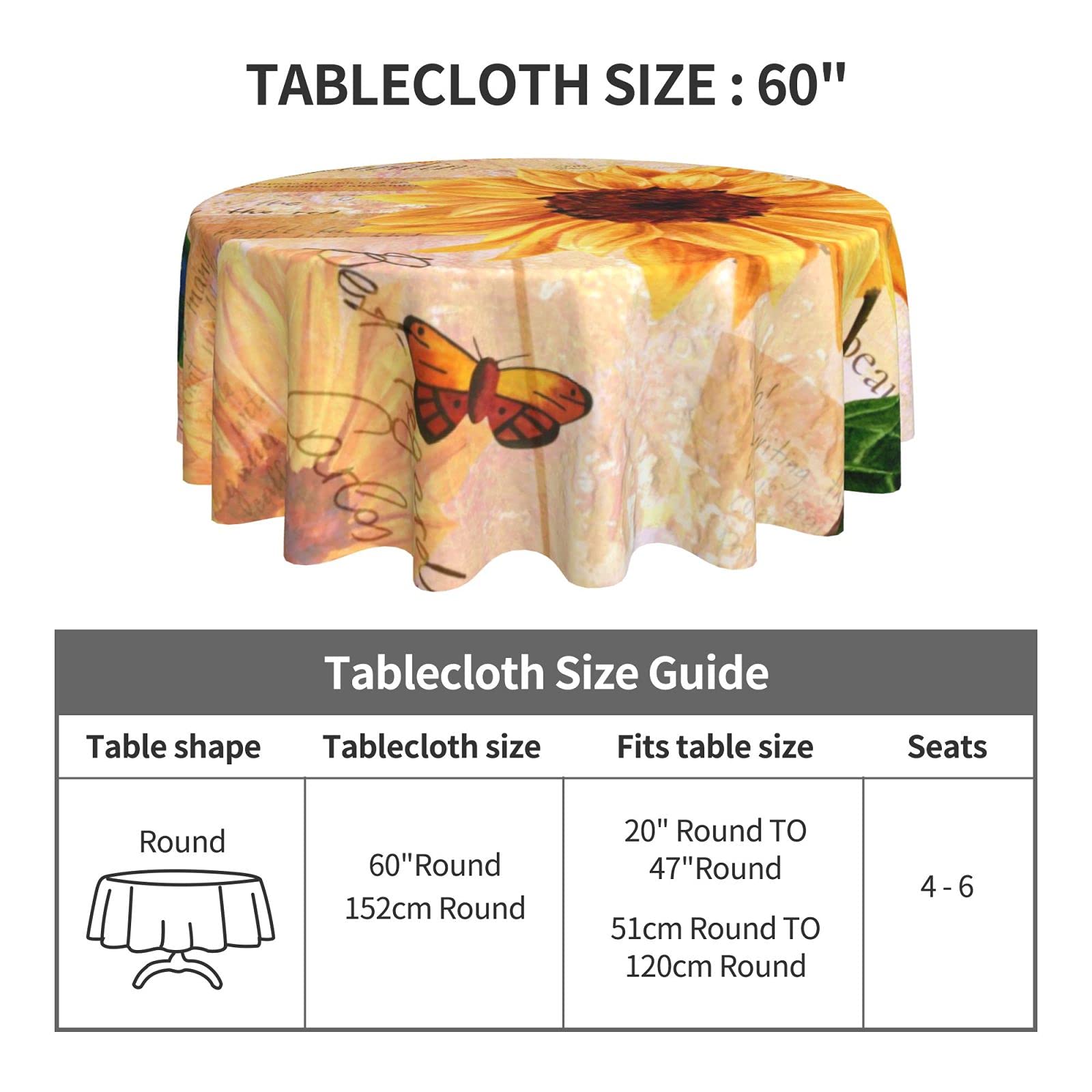 Vintage Sunflower Butterfly Round Tablecloth - 60 Inch Washable Thick Table Cover for Kitchen, Dining Room, Party Decor | Perfect for Daily Use, Outdoor Picnics, Holiday Gatherings & Home Decoration | Ideal for Farmhouse Style, Wedding Reception, and Spring Tea Party Decorations