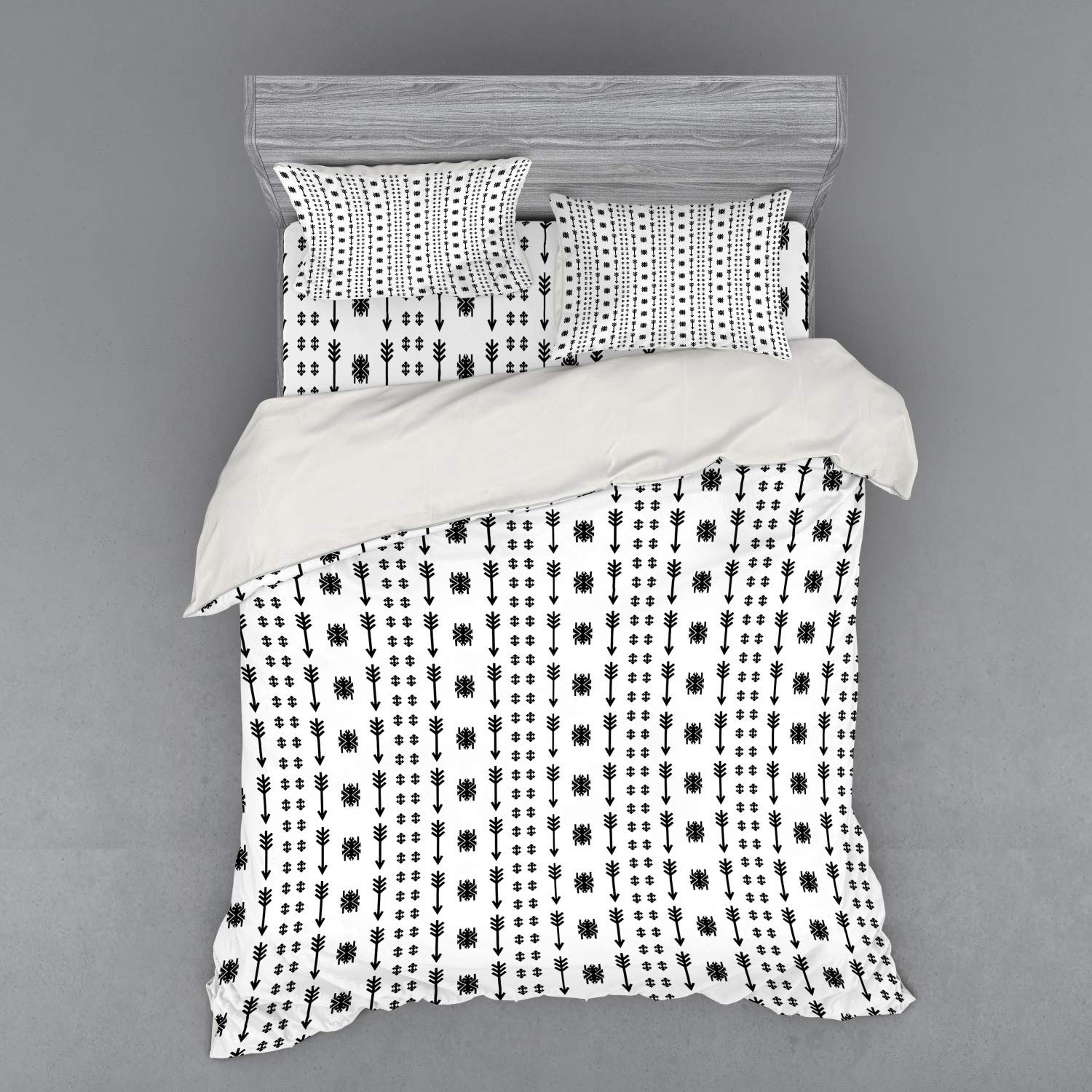 Ambesonne Tribal Duvet Cover Set - Vintage Bohemian Arrow Pattern with Ornaments | 4-Piece Queen Size Bedding Set with Shams & Fitted Sheet in Black & White | Perfect for Boho Chic, Tribal Themed, and Vintage Style Bedrooms