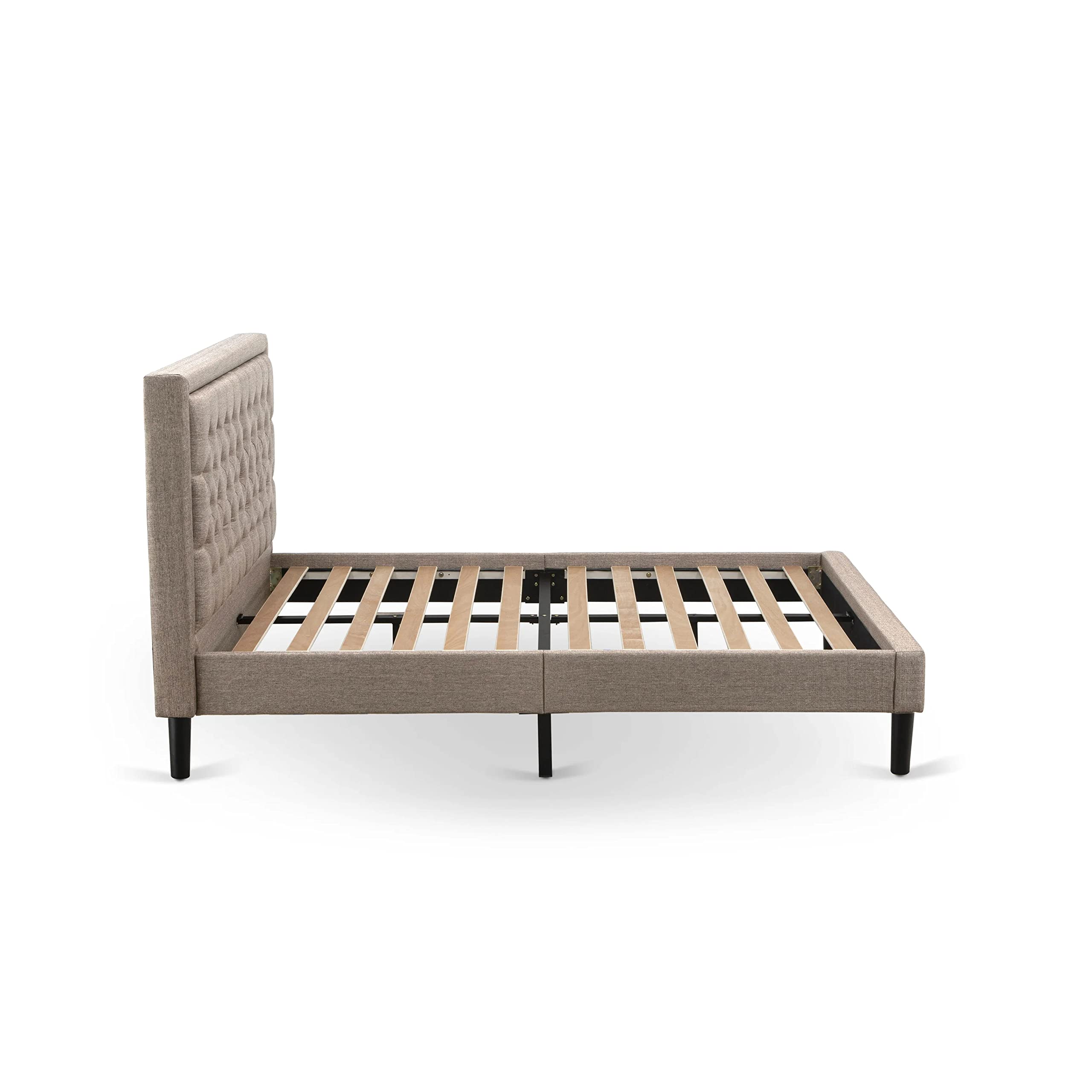 East West Furniture KDF-16-Q Queen Size Upholstered Platform Bed with Button Tufted Headboard - Dark Khaki Linen Fabric, Black Legs - Modern Bedroom Furniture for Master Bedroom, Guest Room, Apartment
