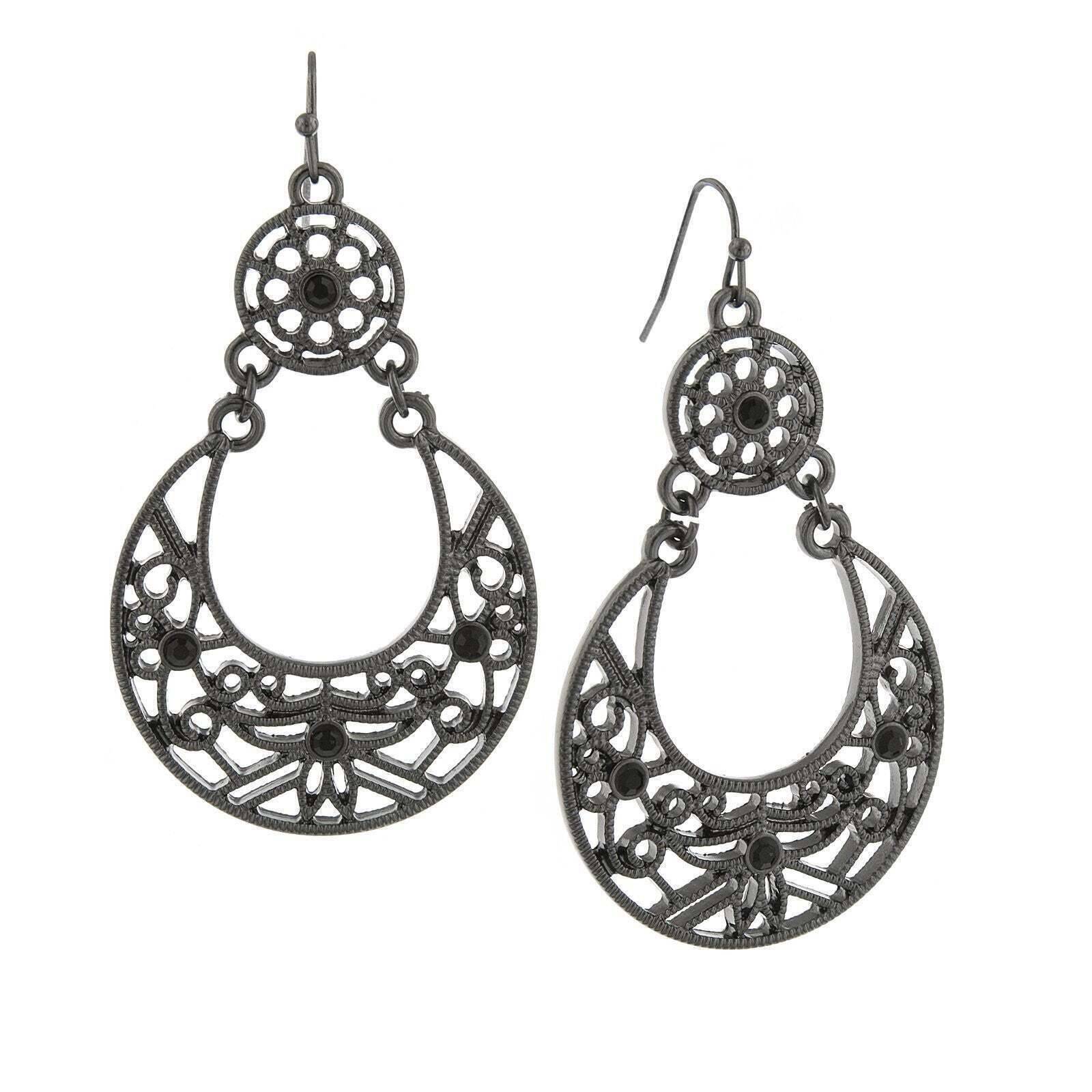 1928 Vintage Style Large Jet Black Filigree Drop Earrings for Women - Gothic Dangle Earrings for Party, Wedding & Evening Wear