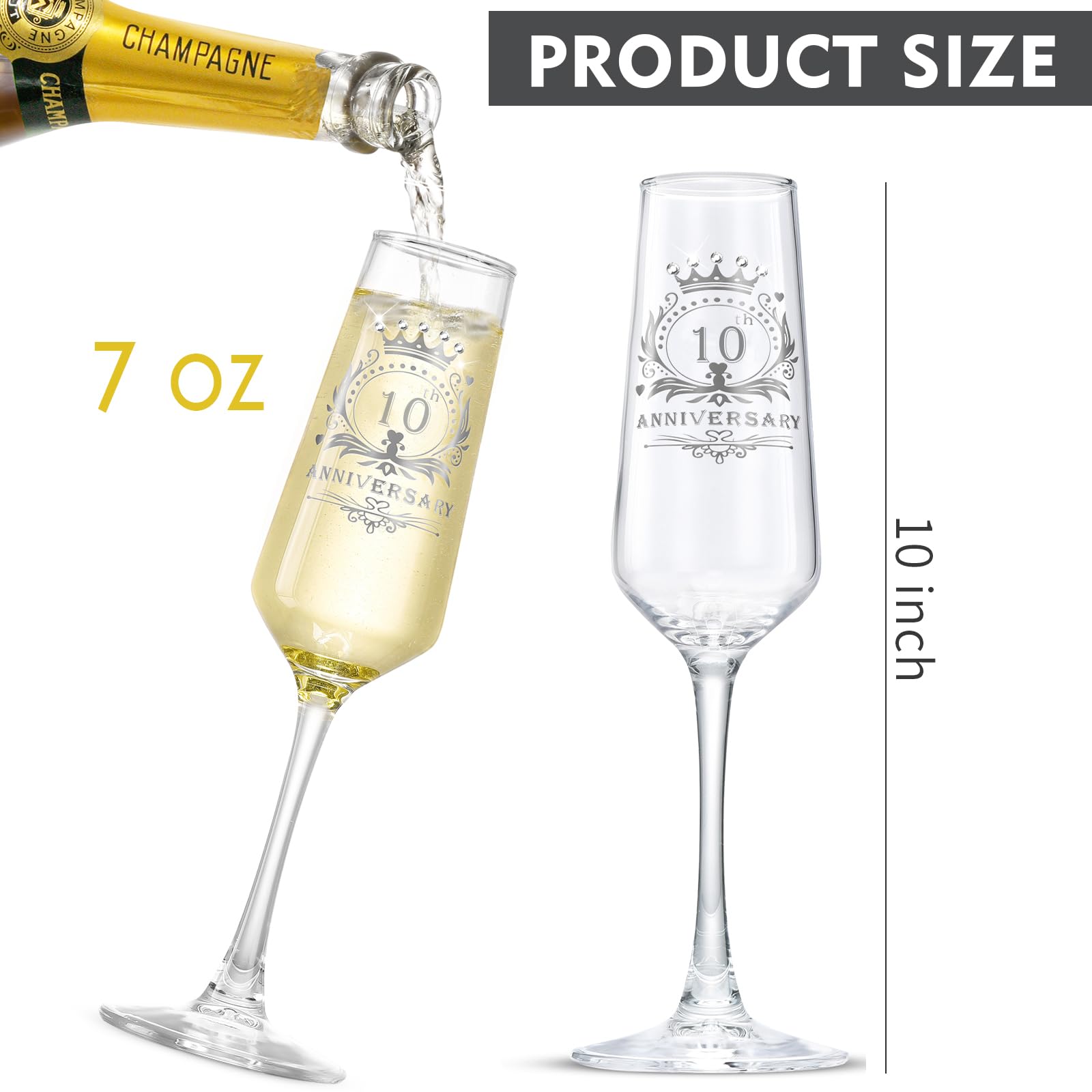 ROXBURGH 10th Wedding Anniversary Champagne Flutes Set of 2 - 7 OZ Crystal Glasses for Couples, Romantic Gifts & Anniversary Decorations - Perfect for Toasting, Wedding Celebrations & Romantic Dinners