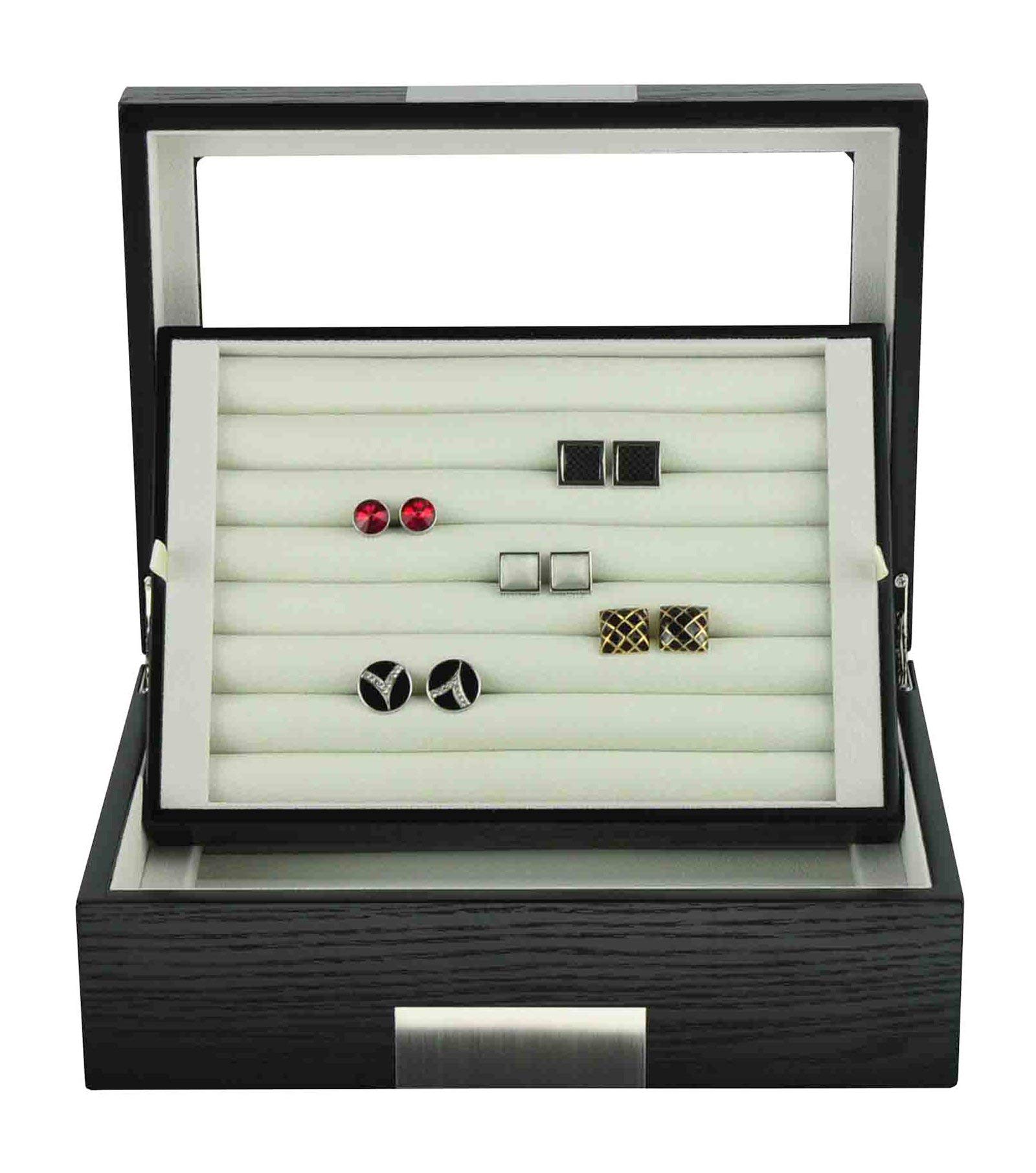 Premium Black Ebony Wood Cufflink & Ring Organizer Box - Engravable Stainless Steel Accent - Holds 72 Cufflinks - Luxury Men's Jewelry Storage Case - Perfect for Groomsmen Gifts, Wedding Accessories & Travel Jewelry Organization
