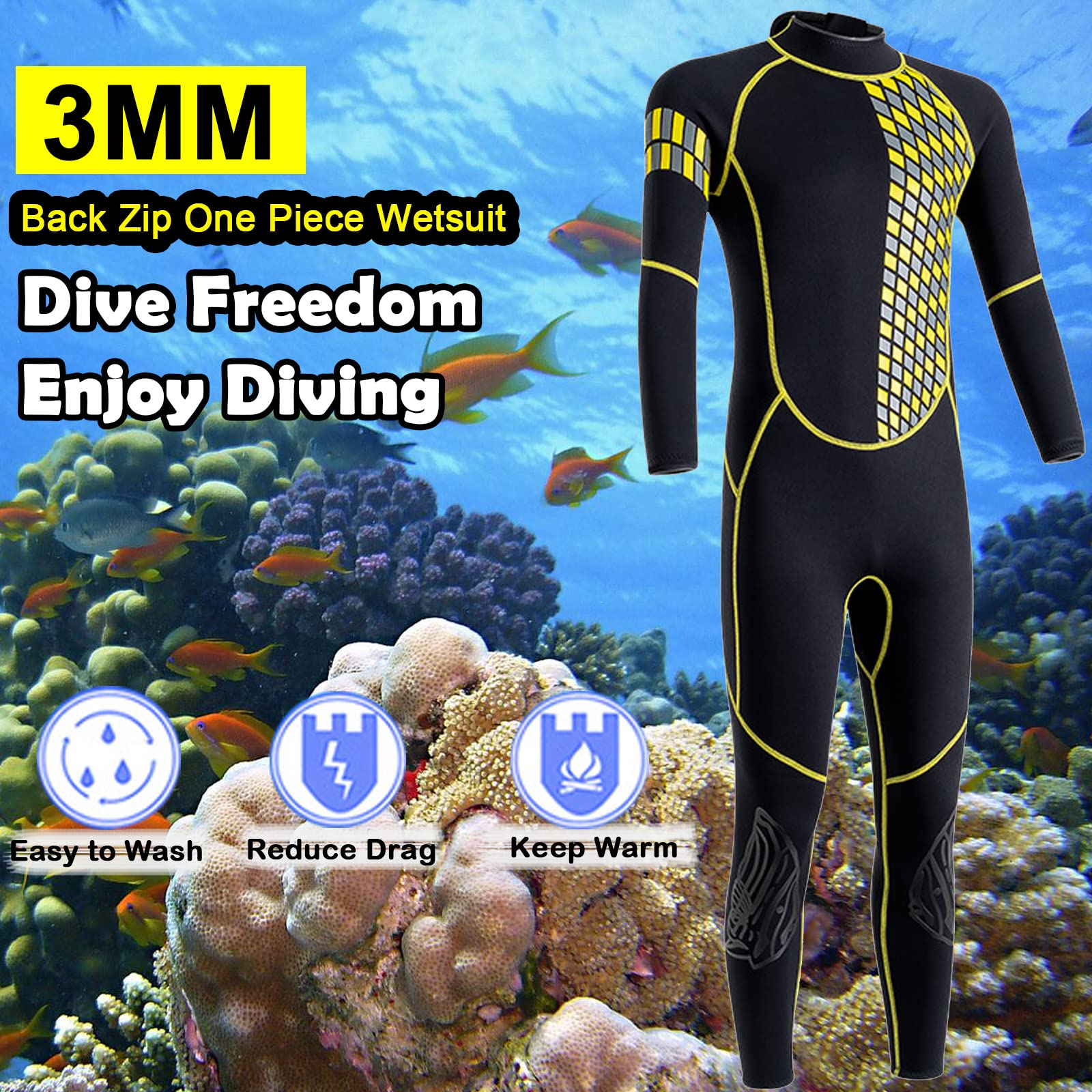 3mm Neoprene Full Body Wetsuit for Men - Long Sleeve Diving Suit with Back Zipper & UV Protection - Ideal for Swimming, Diving, Surfing, Kayaking, Snorkeling - Perfect for Cold Water Sports and Ocean Adventures (Model YY01)