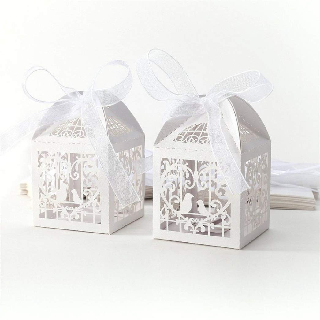 YURASIKU 100Pcs Heart-Shaped Laser Cut Candy Boxes - Hollow Out Design in Purple, Beige & Pink - Perfect for Wedding Favors, Baby Shower Gifts & Engagement Party Decorations - Elegant Treat Bags for Special Occasions