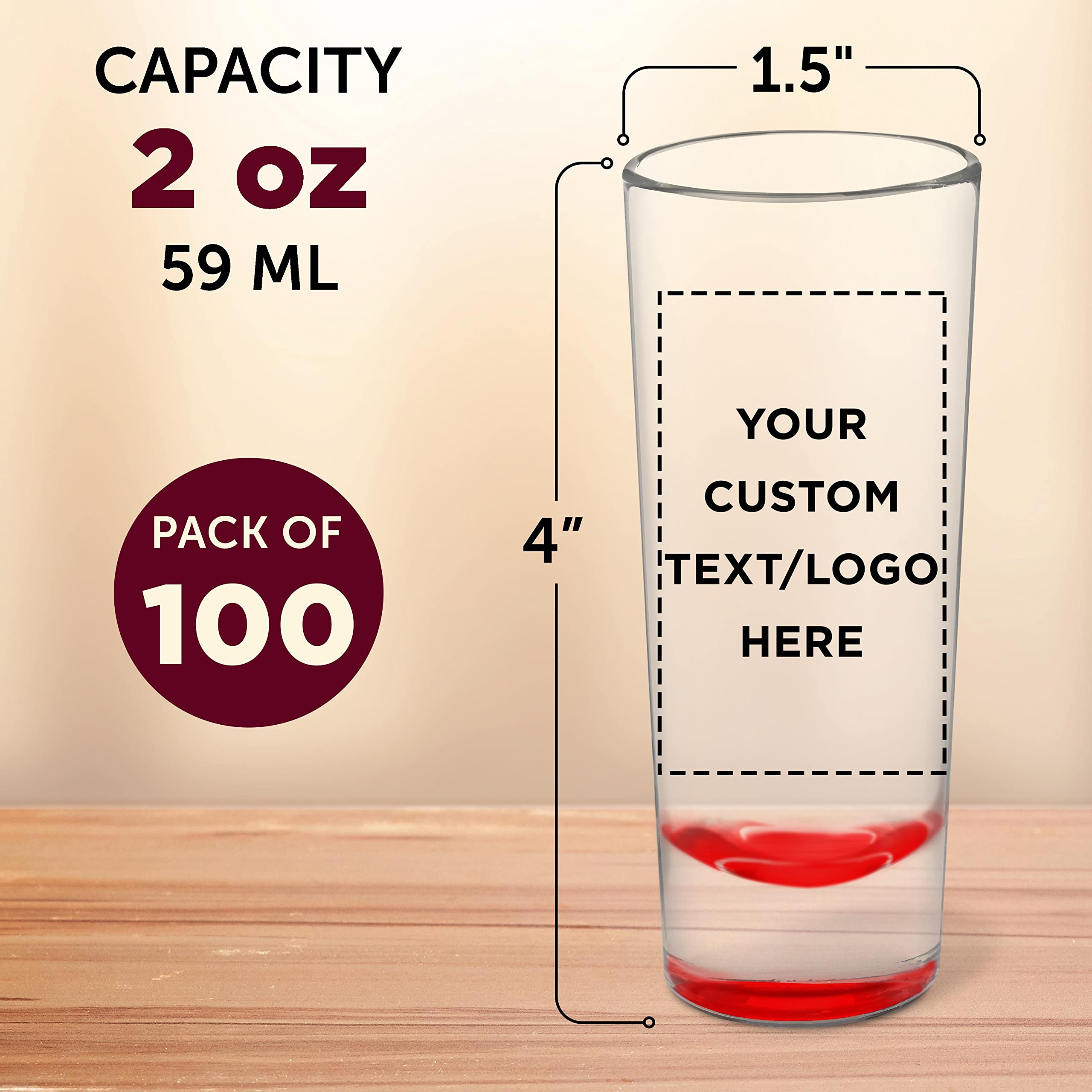 Custom 2 oz Cordial Shot Glasses - Bulk Pack of 100 Personalized Shooter Glasses for Parties, Weddings & Events - Durable Red Glassware for Cocktails, Liquor & Tequila Shots - Perfect for Home Bars, Restaurants & Catering Services