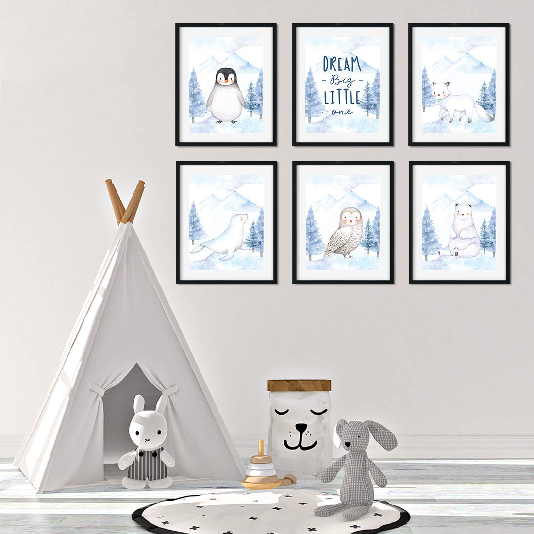 Winter Wonderland Arctic Animals Nursery Wall Art - 6-Pack Unframed 8.5x11 Inch Posters with Penguins & Owls - Dream Big Little One You Are So Loved - Perfect for Baby Room Decor, Kids Bedroom & Gift Ideas