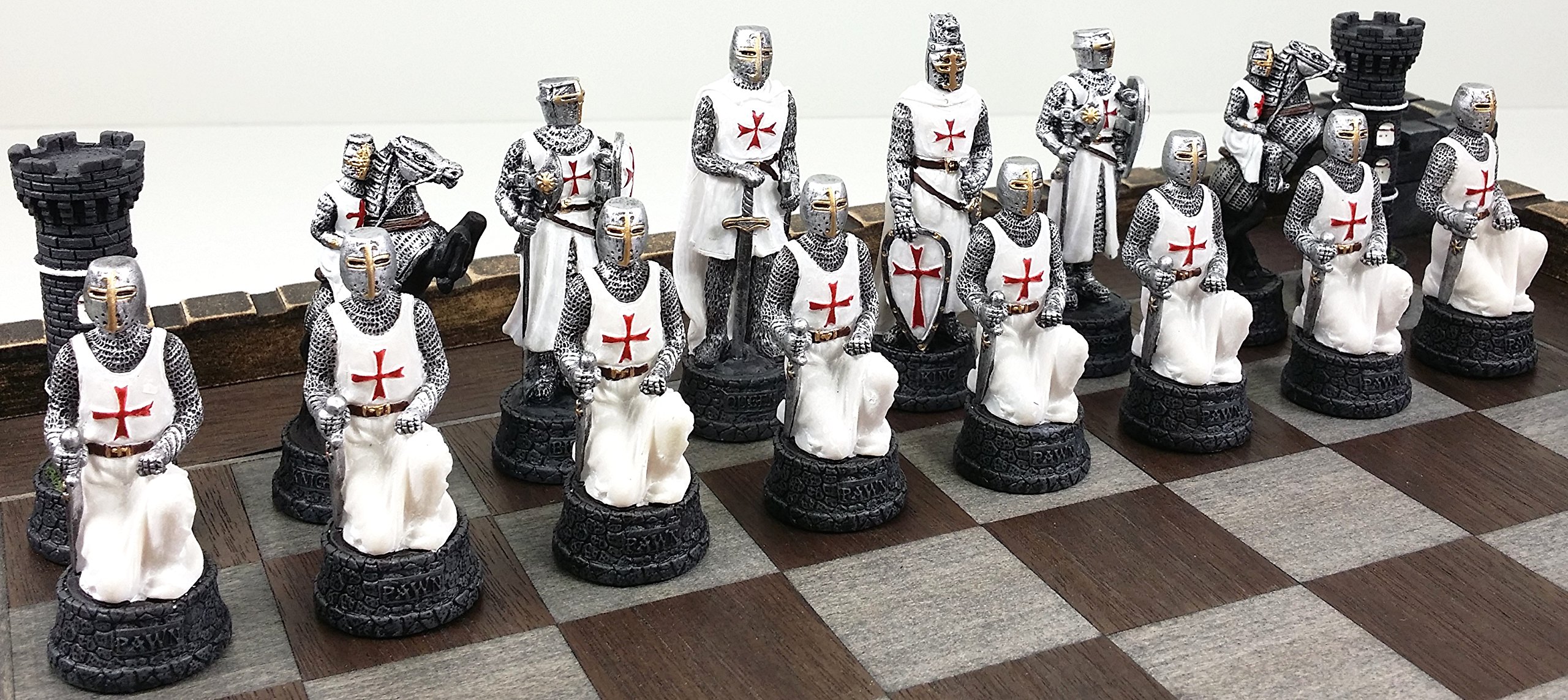 Hand-Painted Medieval Crusades Warrior Chess Set - White & Blue Pieces with 17.5