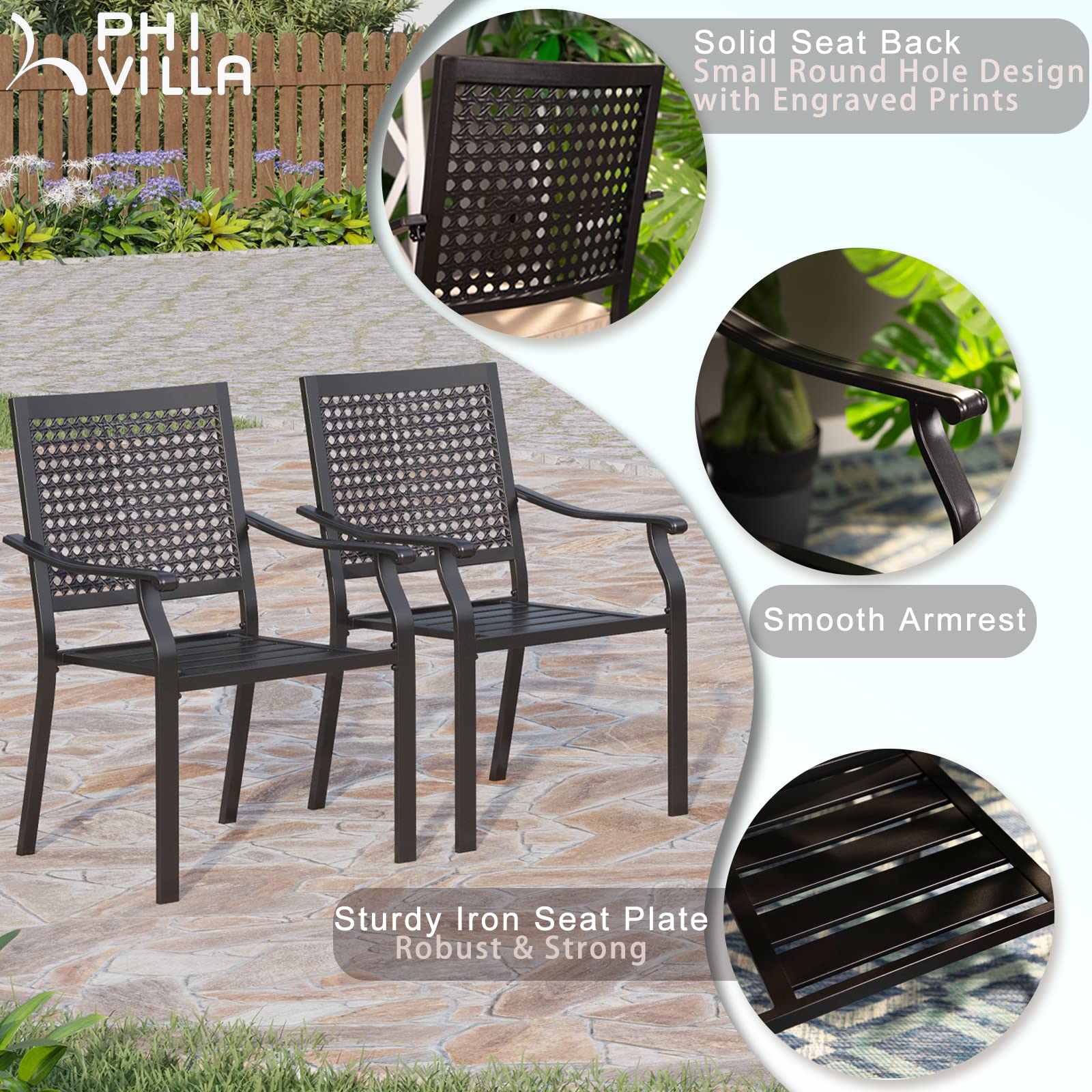 PHI VILLA 6-Piece Outdoor Dining Set - Modern Patio Table with Umbrella Hole & 6 Wrought Iron Swivel Chairs - Durable Metal Furniture for Backyard, Garden, Bistro - Perfect for Al Fresco Dining & Outdoor Entertaining