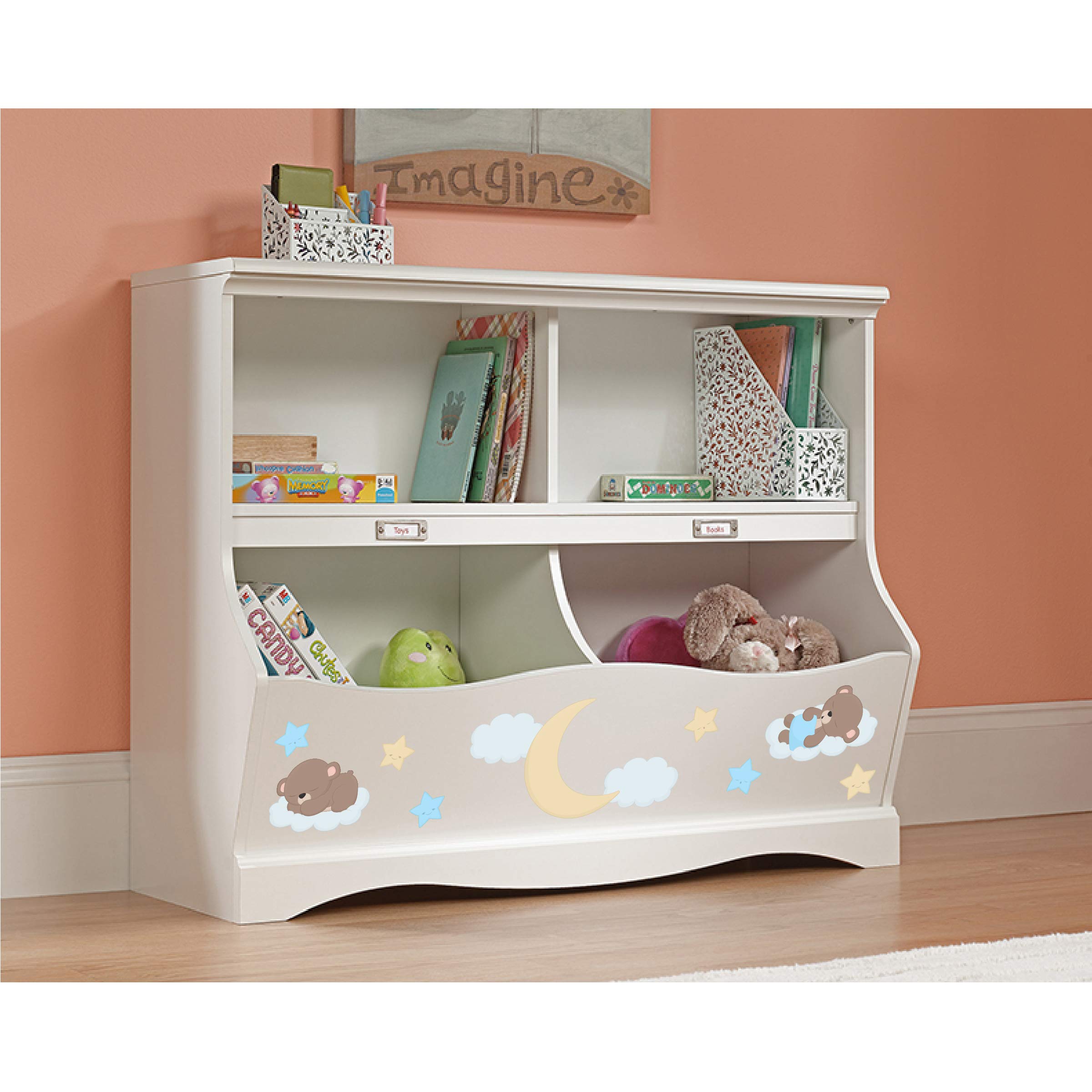 LifeSong Milestones Bookcase Footboard with Cubbyhole - Kids Book Storage Organizer, Toy Shelf for Nursery, Playroom & Bedroom - Soft White Finish Teddy Bear Design (Blue) - Perfect for Organizing Books, Toys & Decor in Children's Rooms