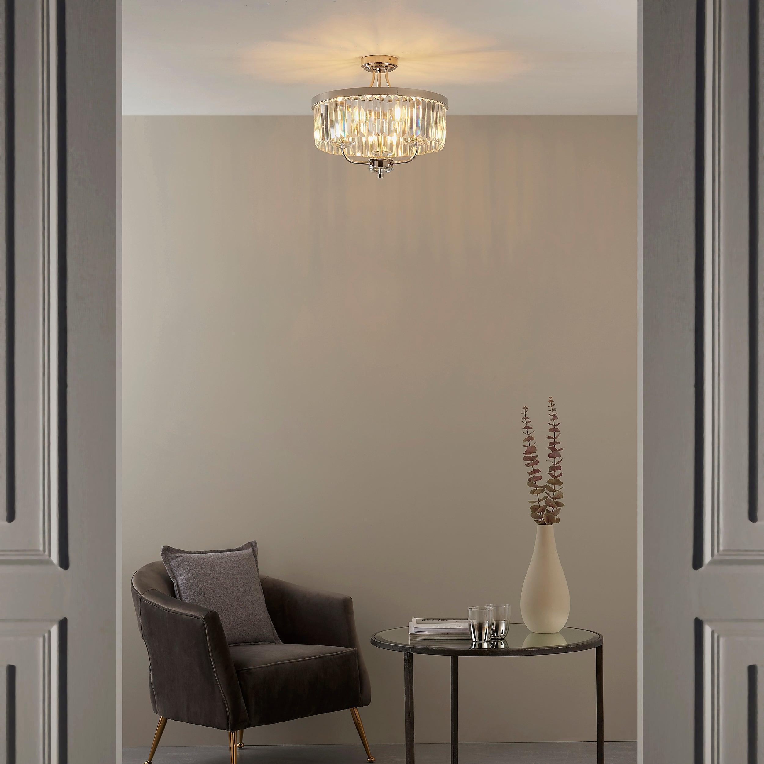 Ealing 3-Light Round Nickel Semi-Flush Mount Ceiling Light with Clear Cut Glass - Perfect for Dining Room, Bedroom or Hallway Lighting
