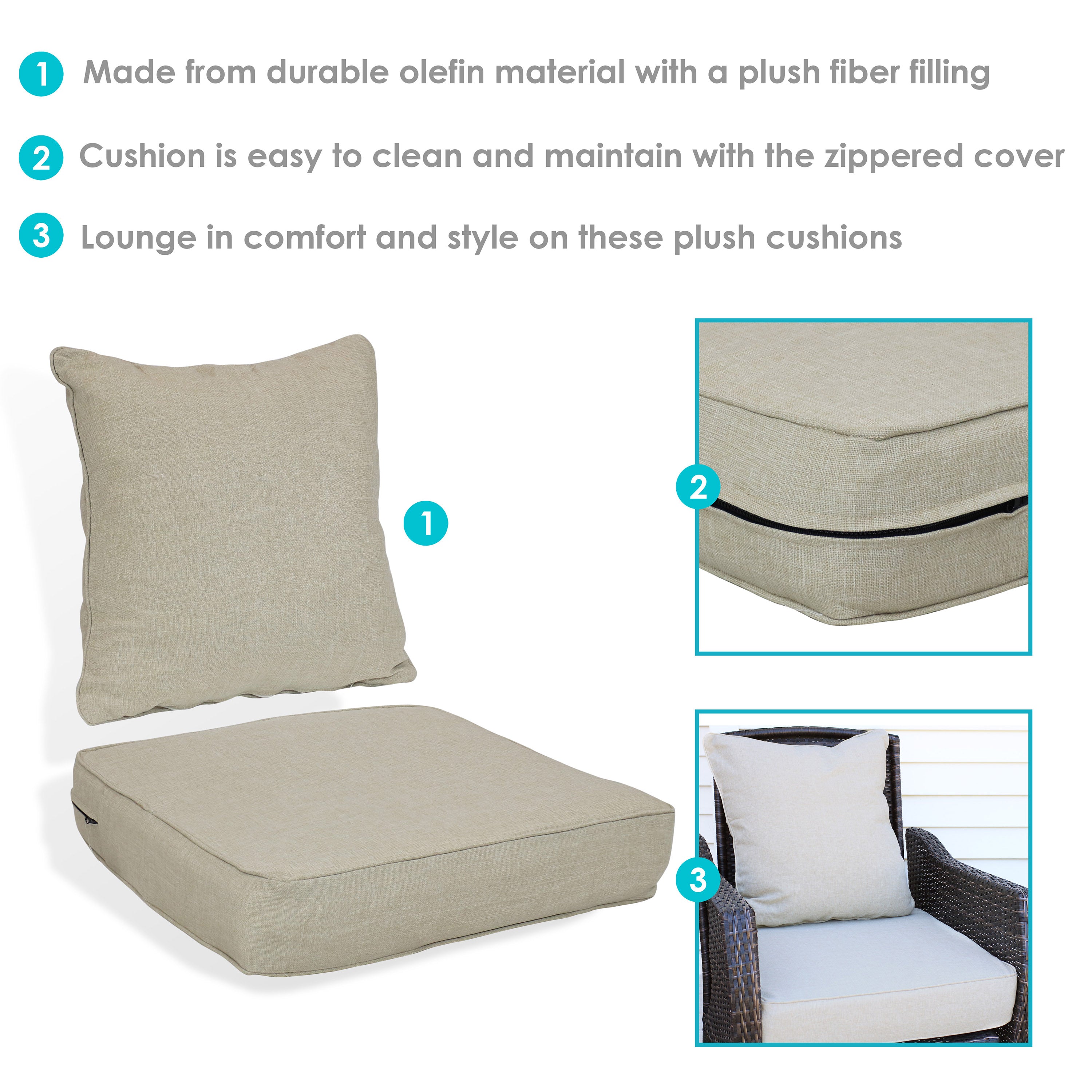 Sunnydaze Deep Seat Cushion Set - Outdoor Patio Furniture Cushions with Back & Seat Pillows for Garden, Deck, Poolside & Porch Comfort
