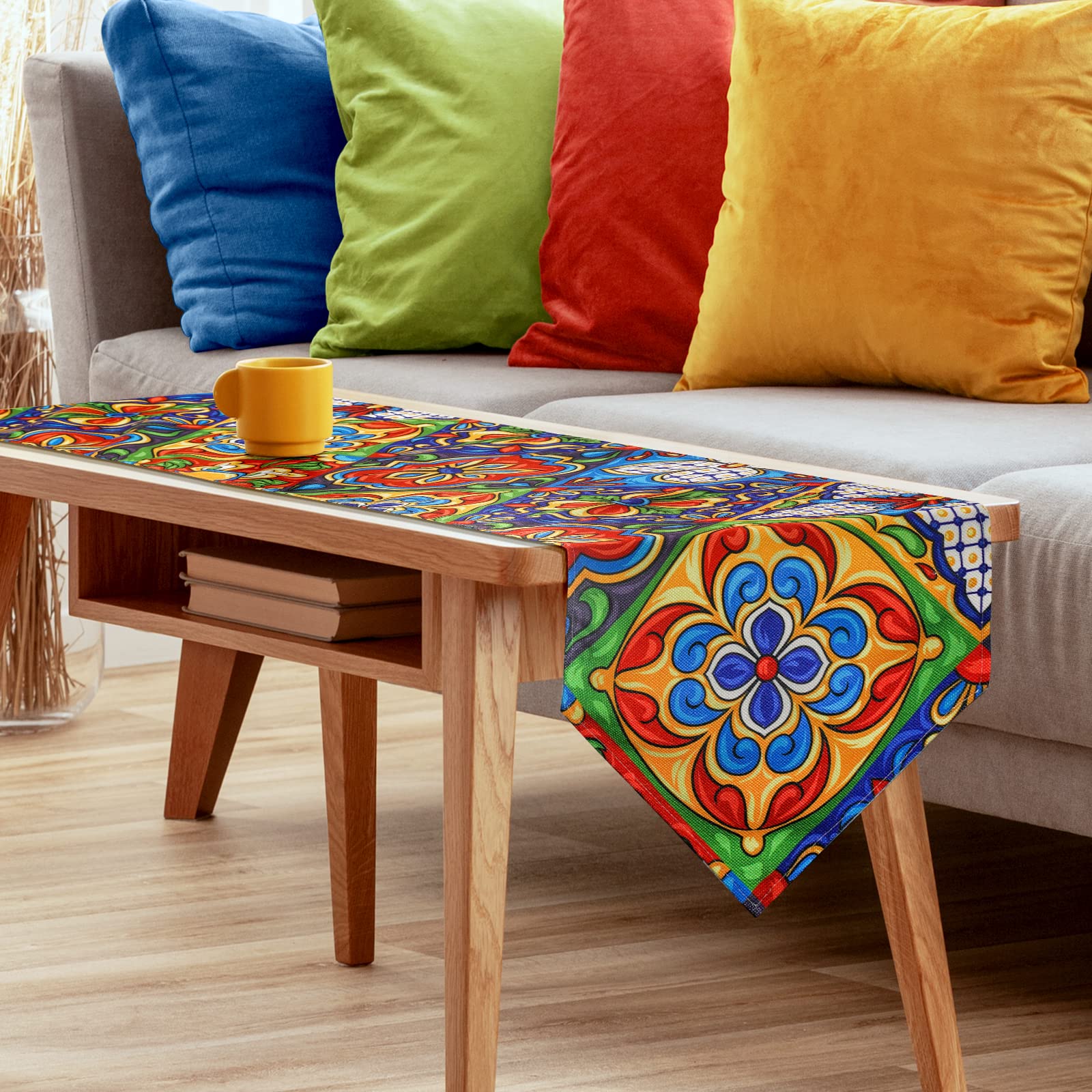 Authentic Mexican Talavera Ceramic Tile Pattern Linen Table Runner - 13