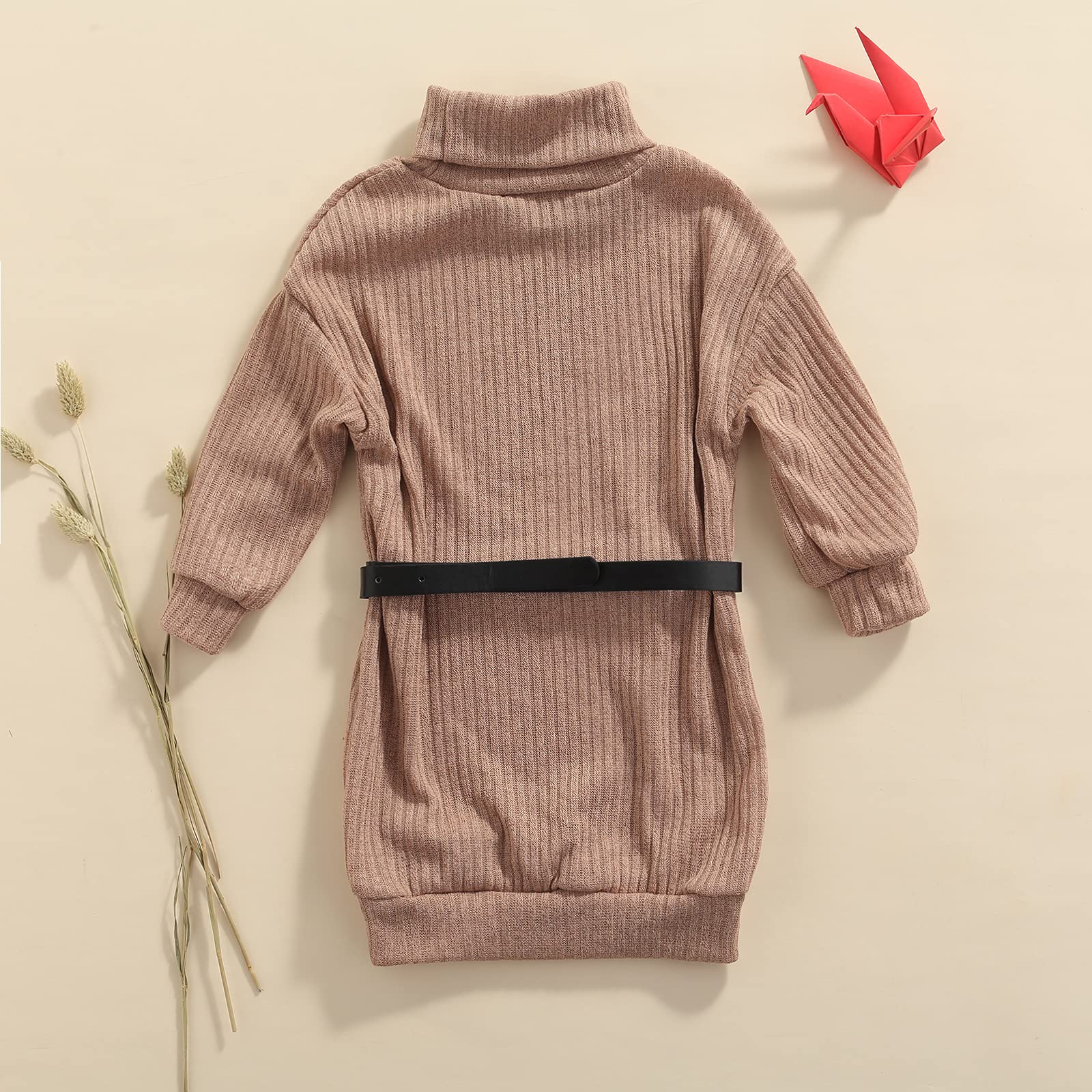 BOIBOKO Toddler Baby Girls Knit Sweater Dress with Belt - Long Sleeve Turtleneck Ribbed Dress for Fall & Winter - Perfect for Holiday Photos, Birthday Parties & Family Gatherings
