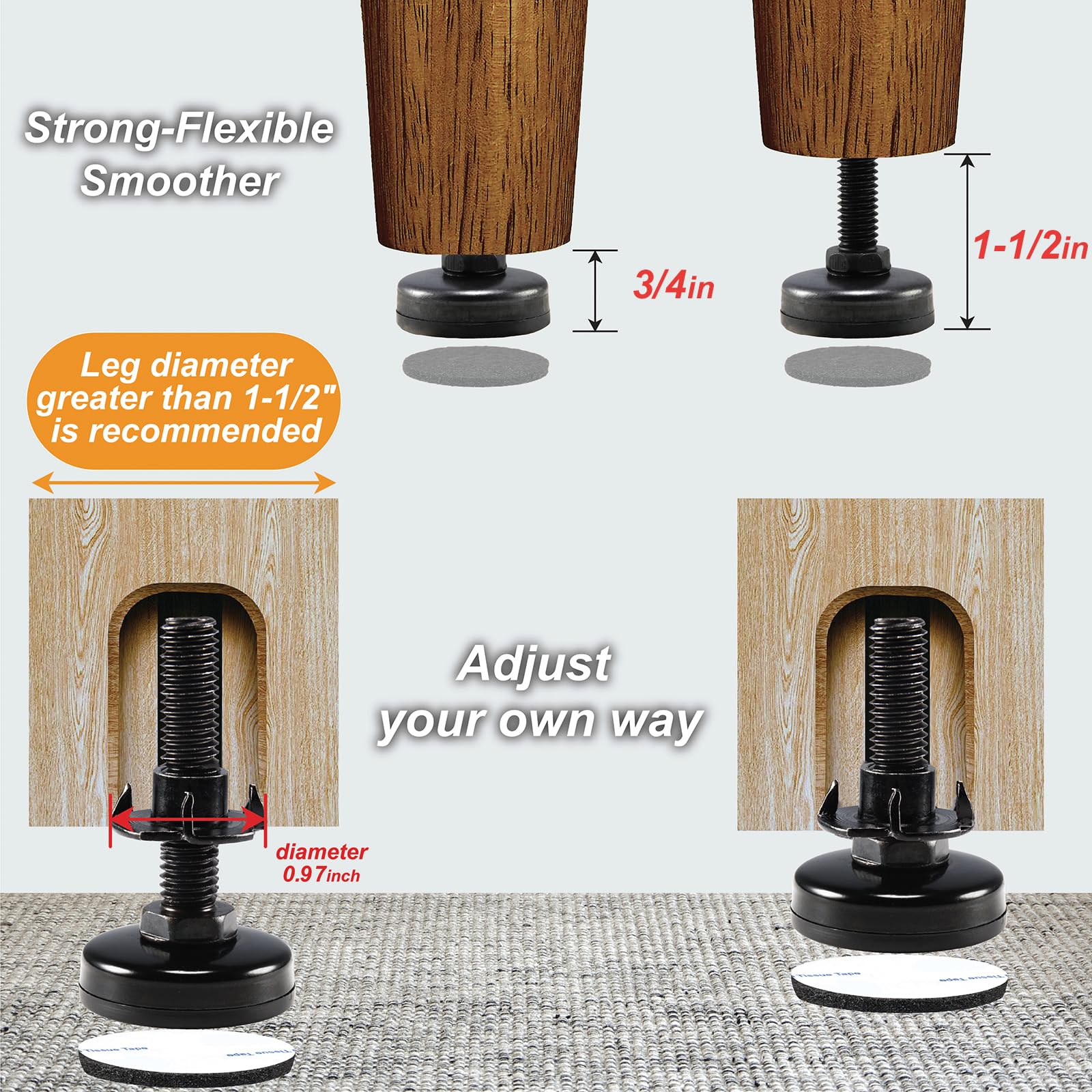 Heavy Duty Adjustable Furniture Leveling Feet - 4 Pack Black Levelers for Cabinets, Sofas, Tables & Chairs - Supports 1320Lbs with 3/8