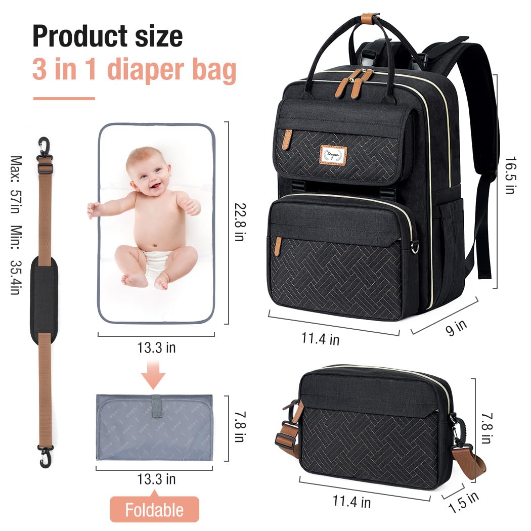 **Premium Diaper Backpack for Travel - Large Waterproof Baby Bag with Removable Crossbody Strap & Changing Pad - Unisex Diaper Backpack for Parents - Perfect for Daycare, Airplane & Family Outings (Black)**