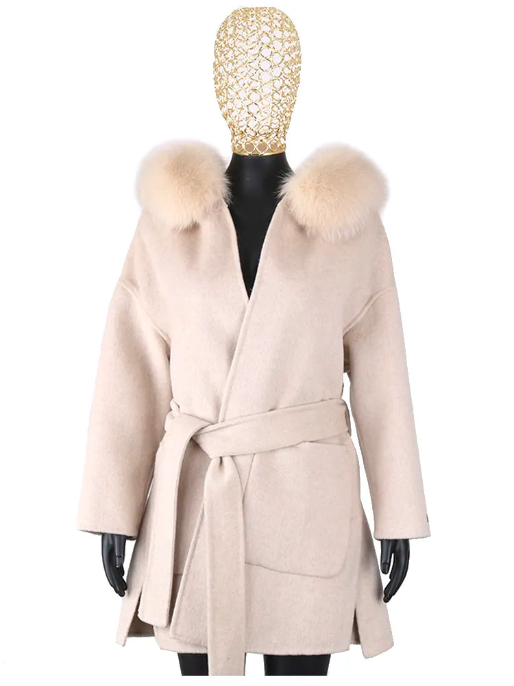 Luxury Women's Cashmere Wool Coat with Real Fox Fur Collar - Winter Long Loose Outerwear with Belt | Elegant Warm Jacket for Cold Weather, Office Wear & Special Occasions