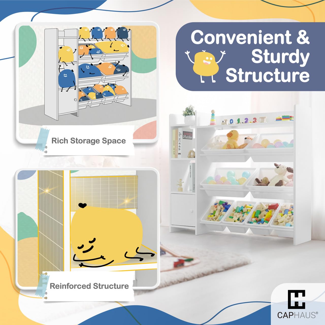CAPHAUS 8-Bin White Plastic Toy Organizer & Storage Cabinet - Kids Room Organization for Toys, Books & Clutter - Durable Toddler Storage Solution for Playrooms, Bedrooms & Daycare Centers