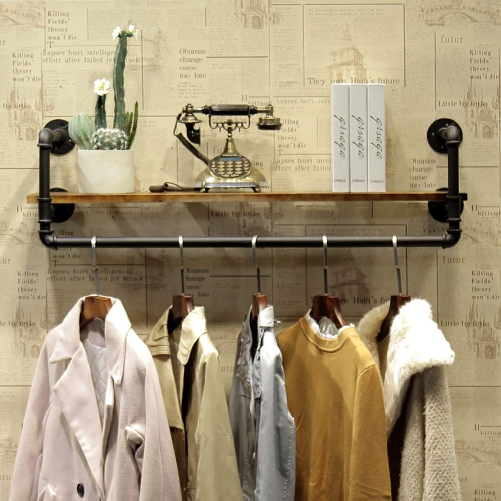 Wall Mounted Iron Pipe Garment Rack with Shelf - Heavy Duty Clothing Rod for Closet Organization (23/31/39/47 Inches, 100x25cm) - Perfect for Bedroom, Laundry Room & Small Space Storage Solutions