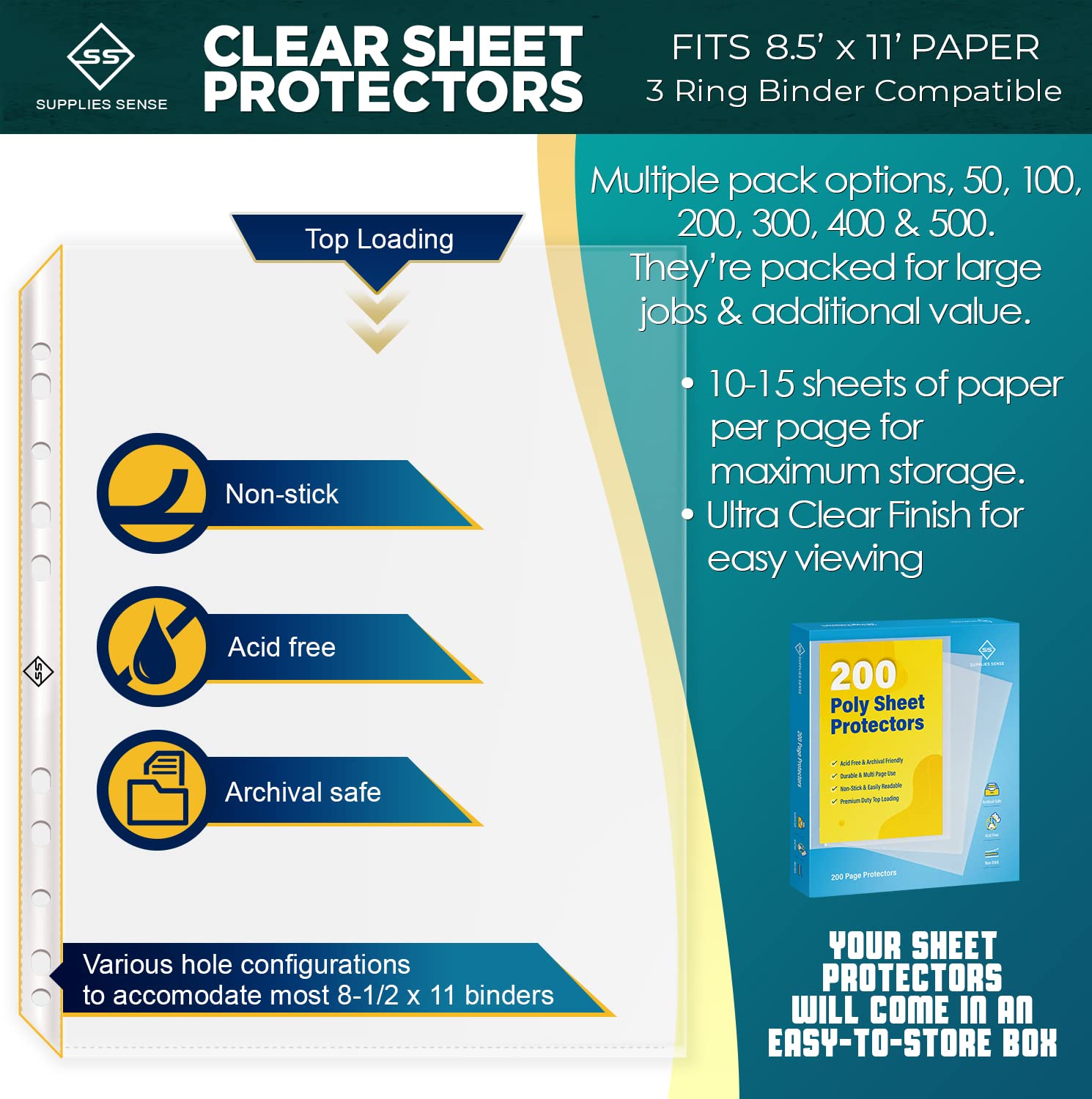 200 Premium Clear Plastic Sheet Protectors for 3 Ring Binder - 8.5 x 11 Page Protectors Sleeves for Paper & Documents - Perfect for School, Office & Home Organization