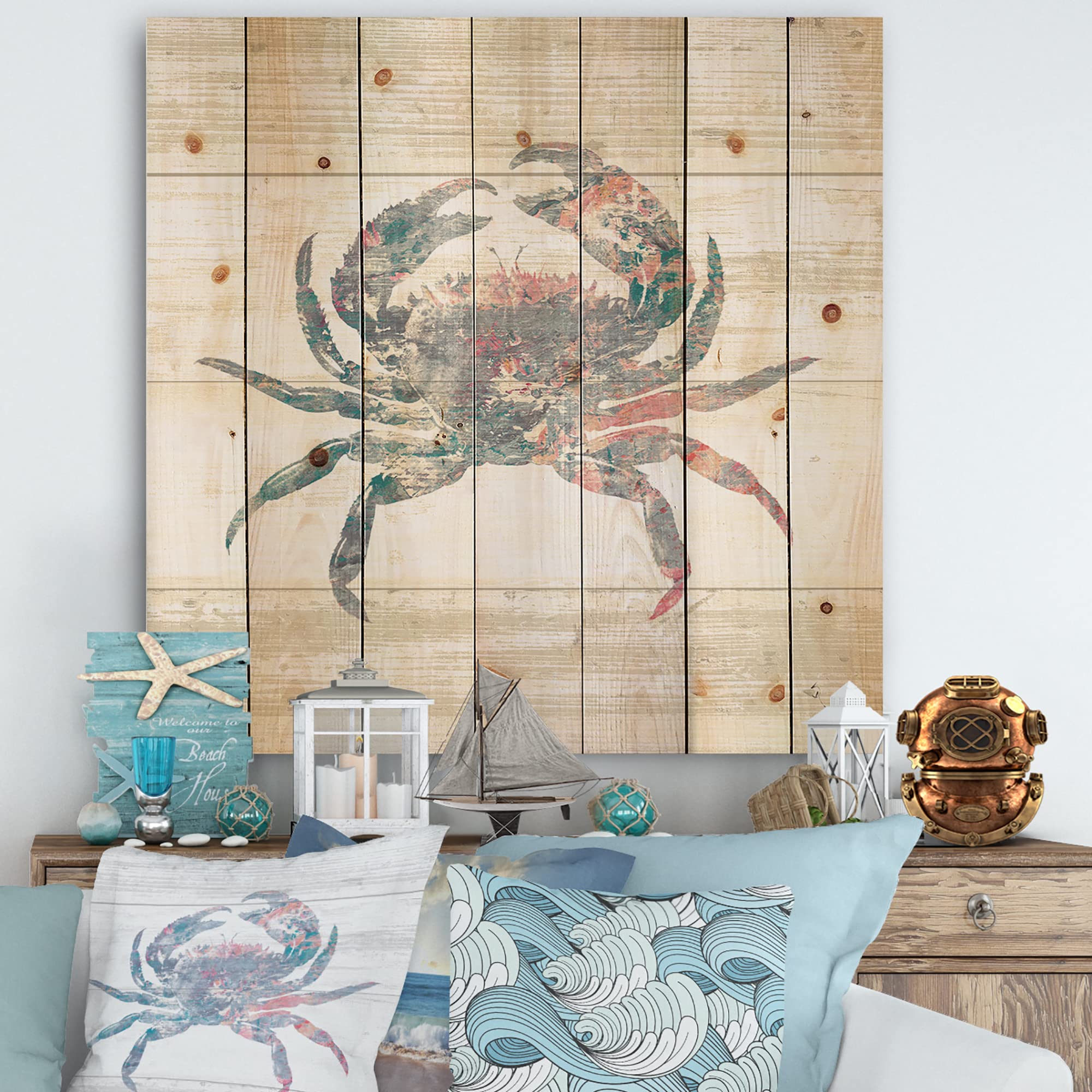 Pink Crab Ocean Life Nautical & Coastal Wood Wall Decor - Blue Wooden Wall Art with Large Animal Prints on Natural Pine Wood - Perfect for Beach House, Coastal Living Room or Nautical Nursery Decor