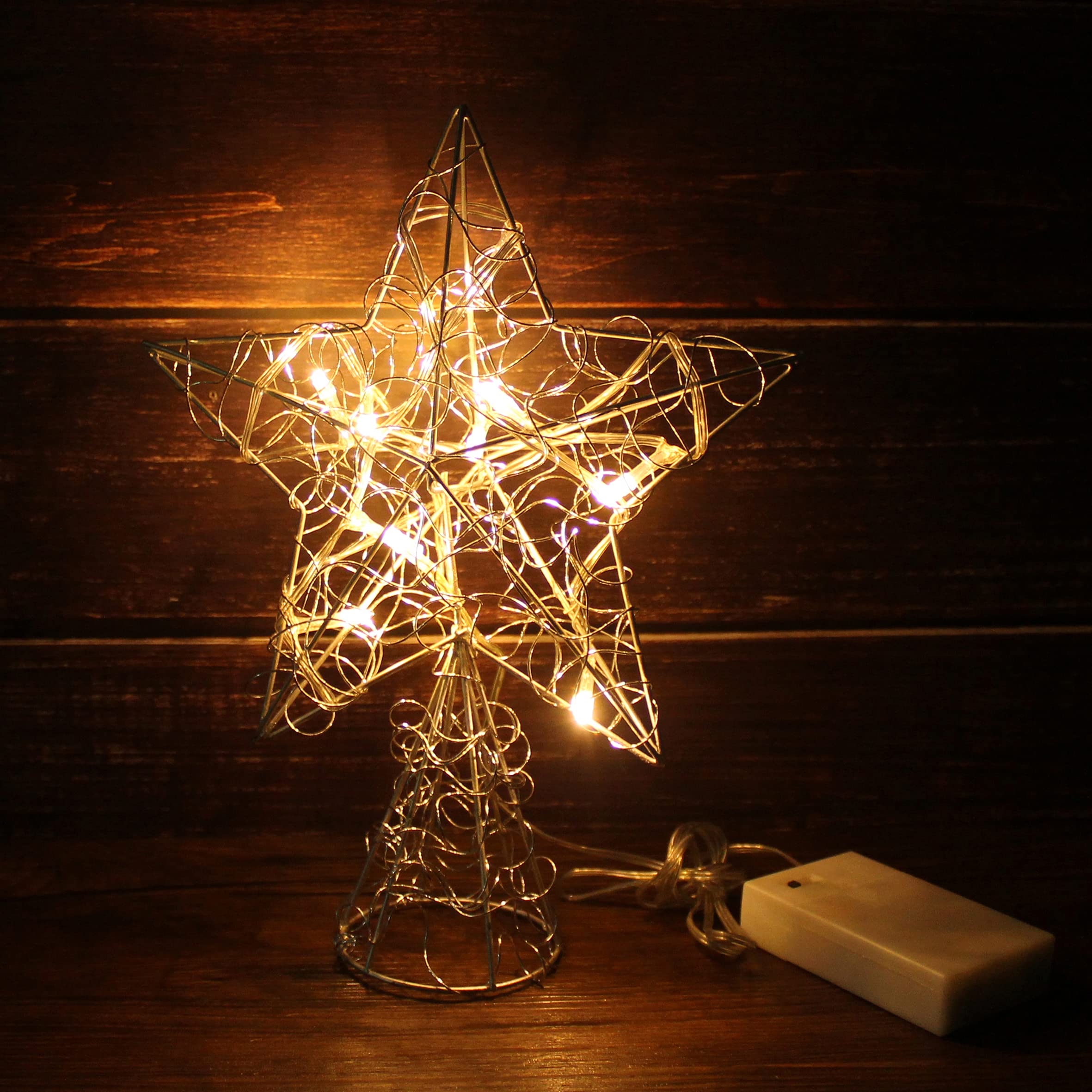 CVHOMEDECO Silver Wire Twine Tree Topper Star with Bright White LED Lights & Timer - 8x10 Inch Christmas Tree Decorations for Holiday, Party & Home Decor - Perfect for Xmas Trees, Mantels & Seasonal Displays