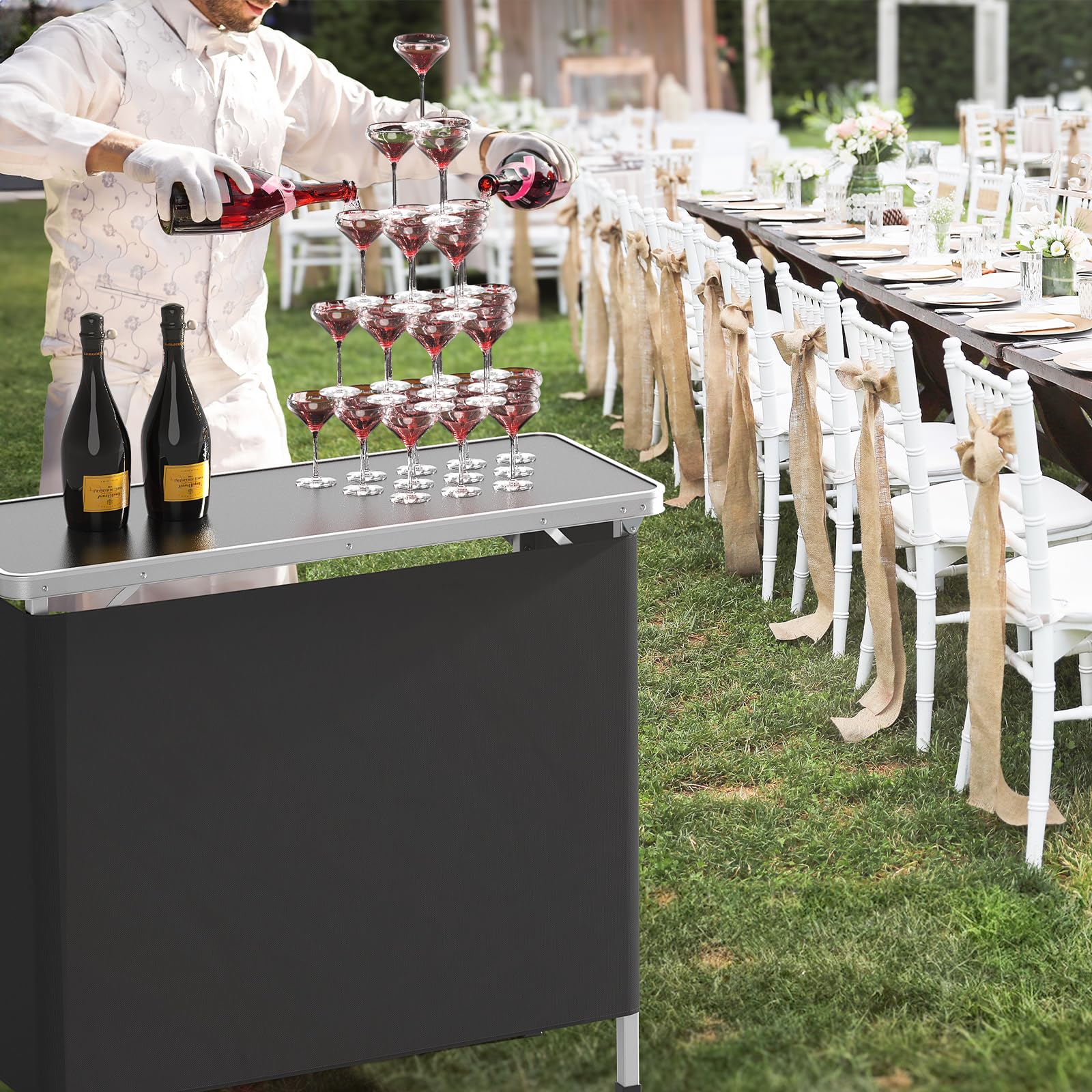 VINGLI 39 Inch Portable Bar Table with 3-Tier Shelves - Mobile Rolling Bar Cart for Parties, Events, Camping, Picnics, Trade Shows & Indoor Use - Includes Black Skirt (1 Pack, 39