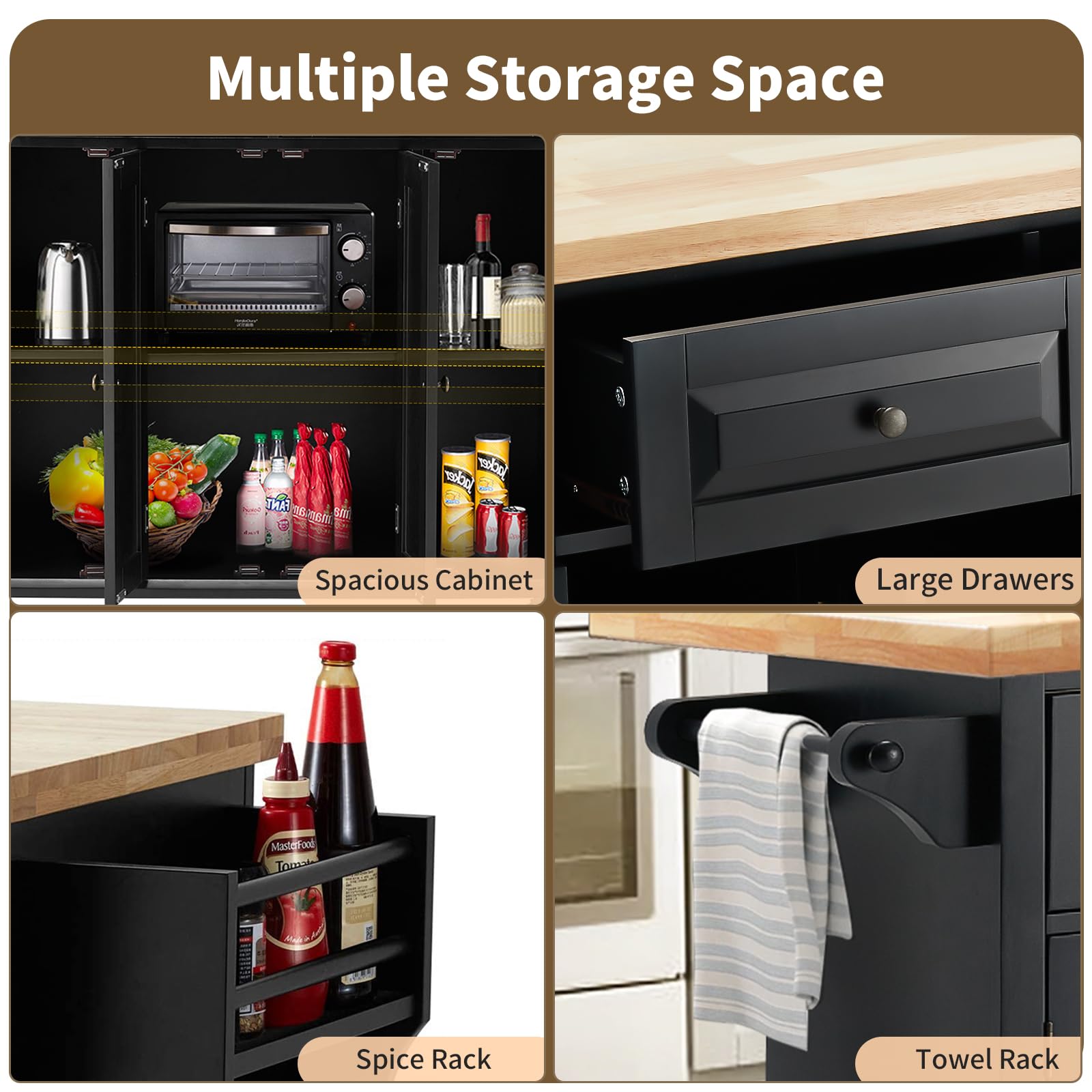 AVAWING Kitchen Island with Drop-Leaf Tabletop - 2 Drawers, Lockable Wheels, Spice & Towel Rack - Rubber Wood Kitchen Cart for Storage & Dining Room - Black | Perfect for Small Kitchens, Breakfast Nooks & Extra Counter Space