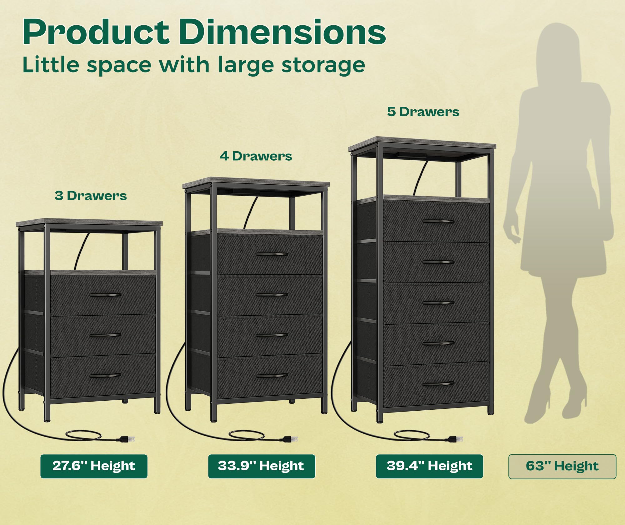 Huuger 5-Drawer Tall Dresser with USB Charging Station, Fabric Bedroom Chest of Drawers with Open Shelf - Gray Nightstand for Bedside Storage & Organization | Perfect for Small Spaces, Apartments & Dorm Rooms