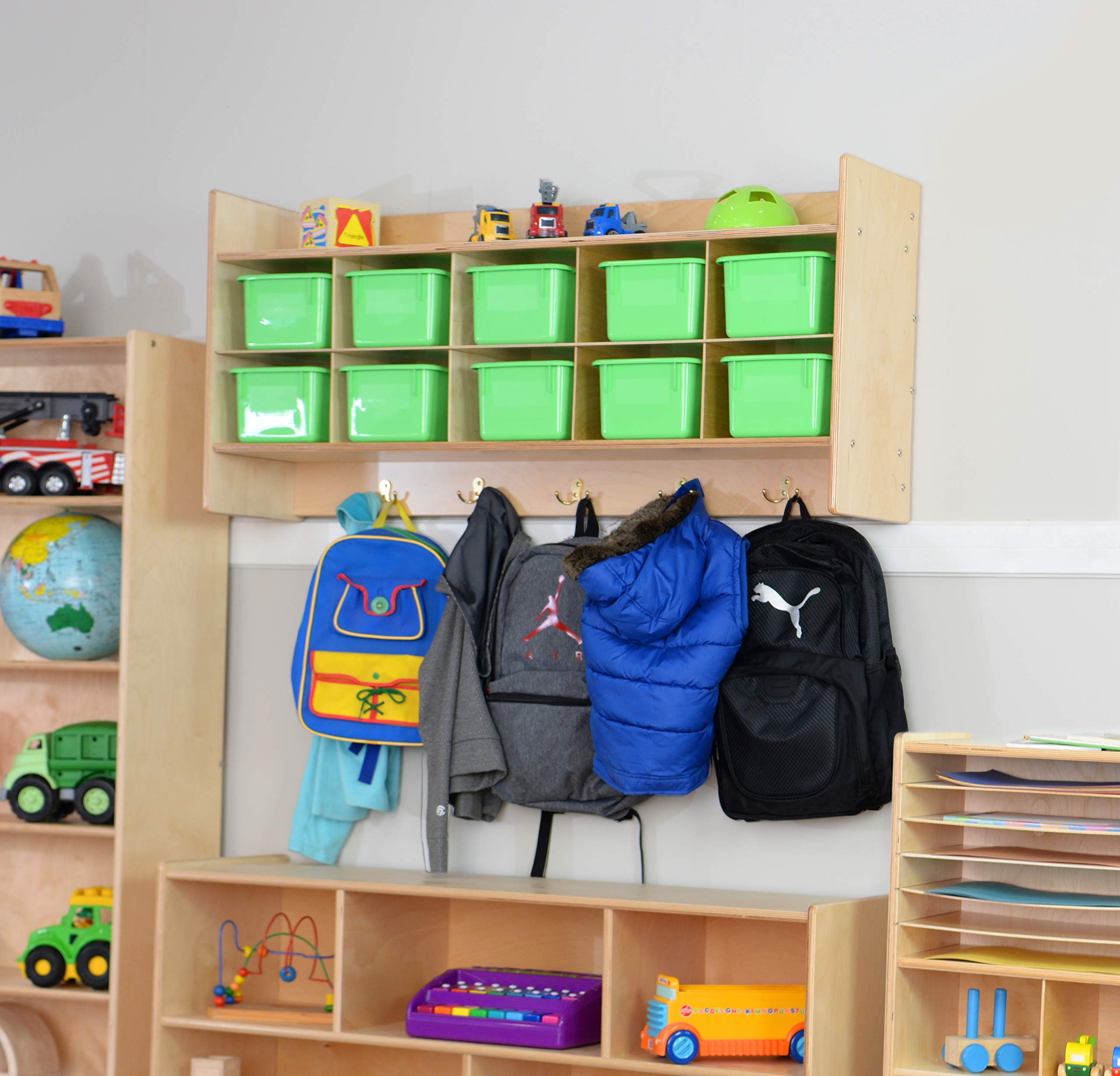 Contender 10-Section Wooden Cubbies Storage Shelf with Plastic Bins - Wall Mounted Organizer with Hooks for Kids Toys, Board Games & Craft Supplies - Greenguard Gold Certified - Perfect for Playrooms, Classrooms & Home Organization
