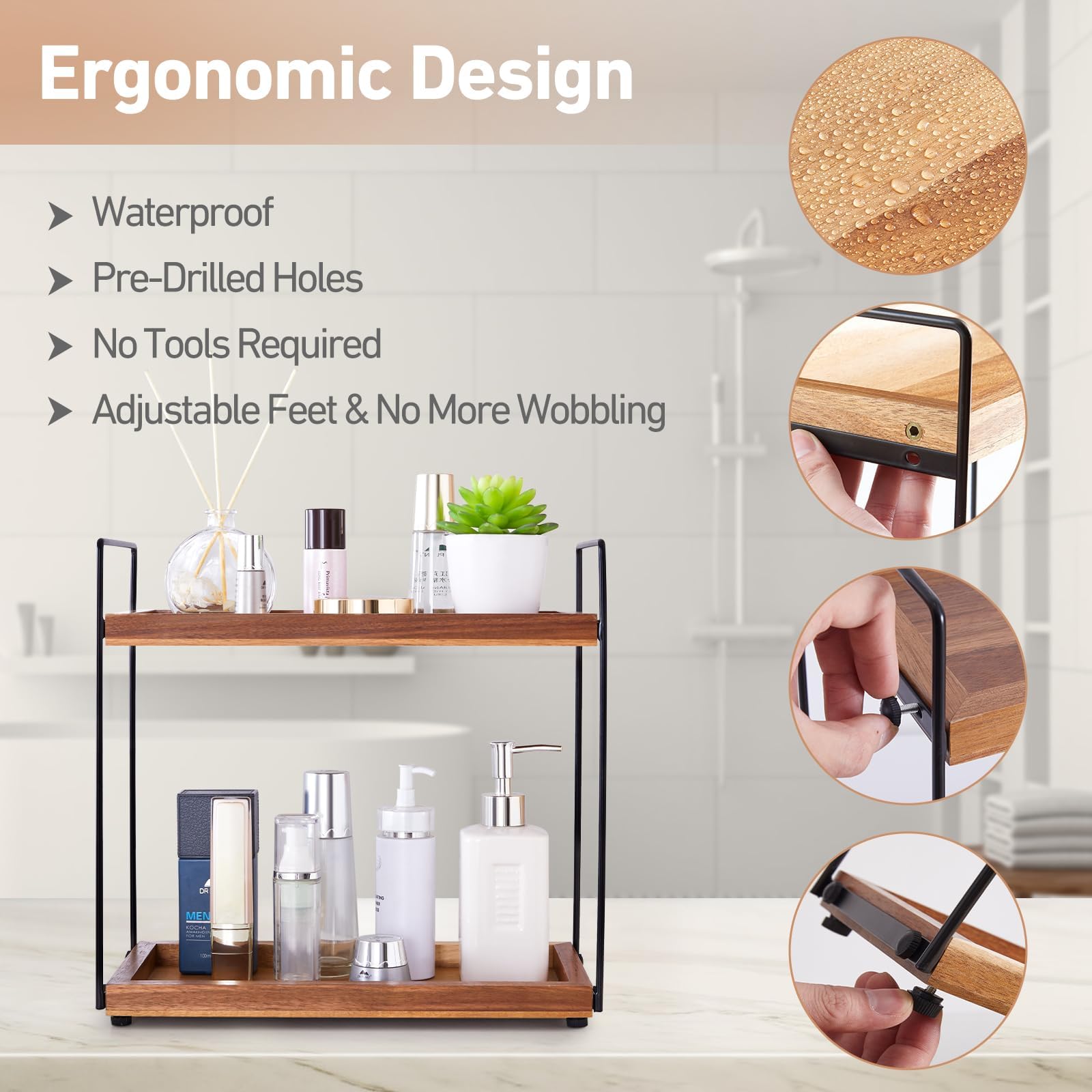 2-Tier Acacia Wood Countertop Organizer for Bathroom, Kitchen & Coffee Bar - Spice Rack, Vanity Shelf & Storage Solution for Countertops, Perfect for Small Space Organization