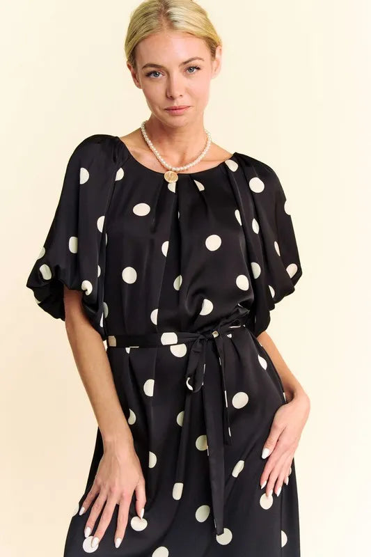Stylish Polka Dot Puff Sleeve Midi Dress with Waist Tie - Perfect for Summer Parties, Weddings & Casual Outings