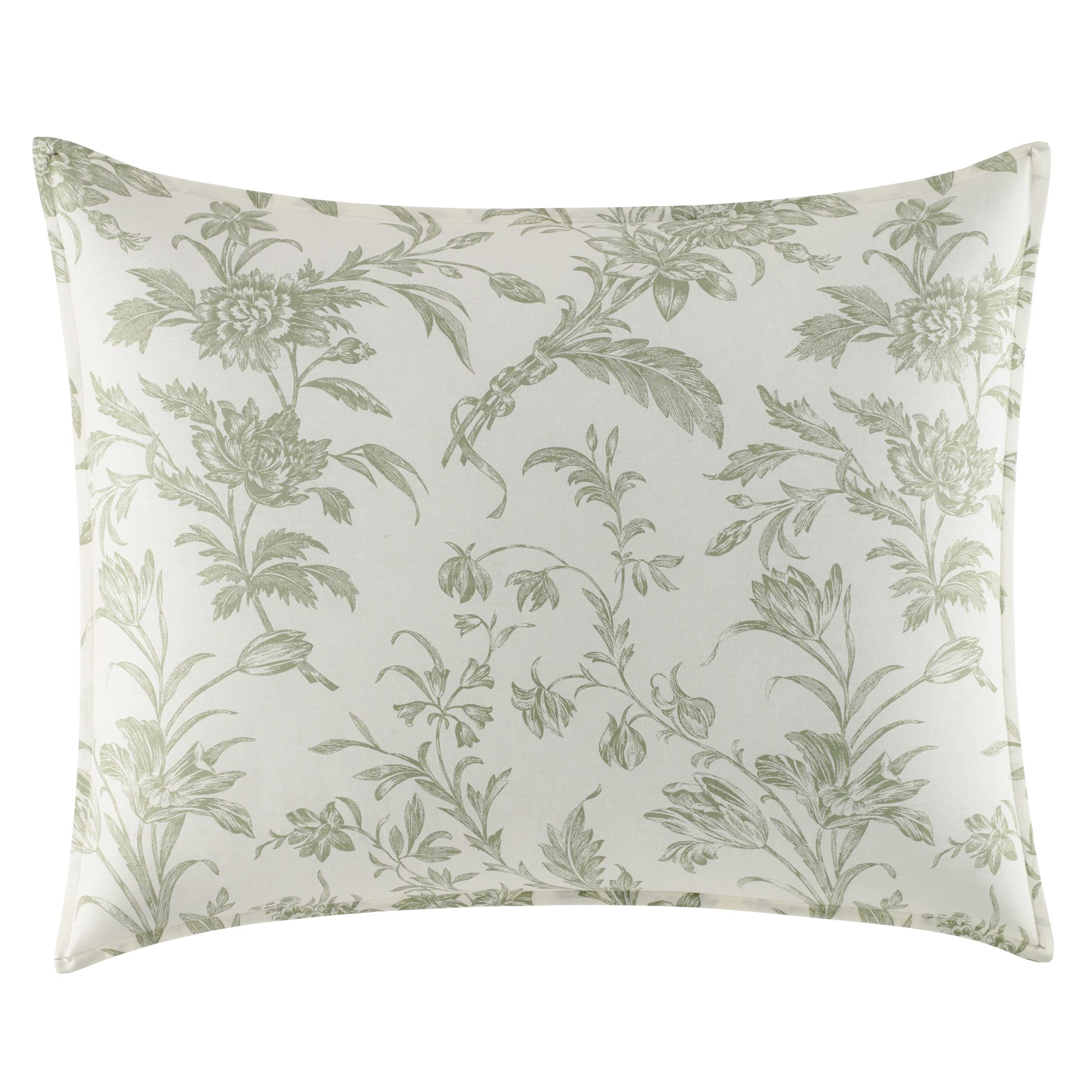 Laura Ashley Home - King Size Reversible Cotton Duvet Cover Set with Matching Shams, Euro Shams & Throw Pillows (Natalie Green) - Luxury Bedroom Decor for Master Suite & Guest Room