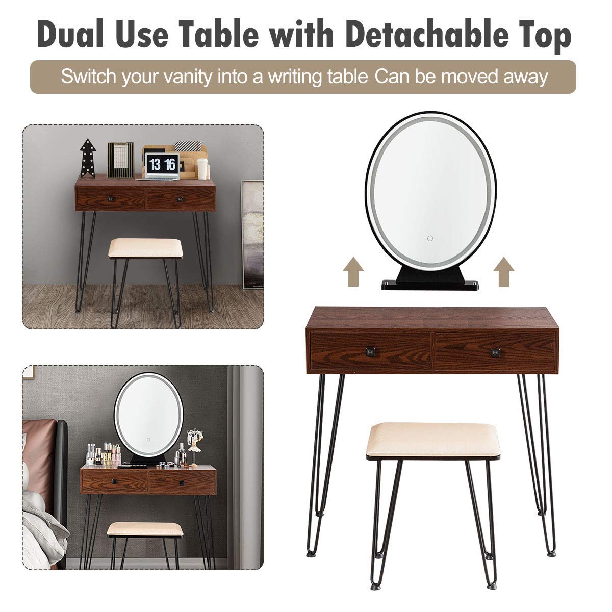 Charmaid Makeup Vanity Table with LED Mirror - 3 Lighting Modes & Adjustable Brightness, 2 Spacious Drawers & Acrylic Organizers, Girls Bedroom Dressing Table Set with Stool (Walnut) - Perfect for Makeup Application, Skincare Routine & Bedroom Decor