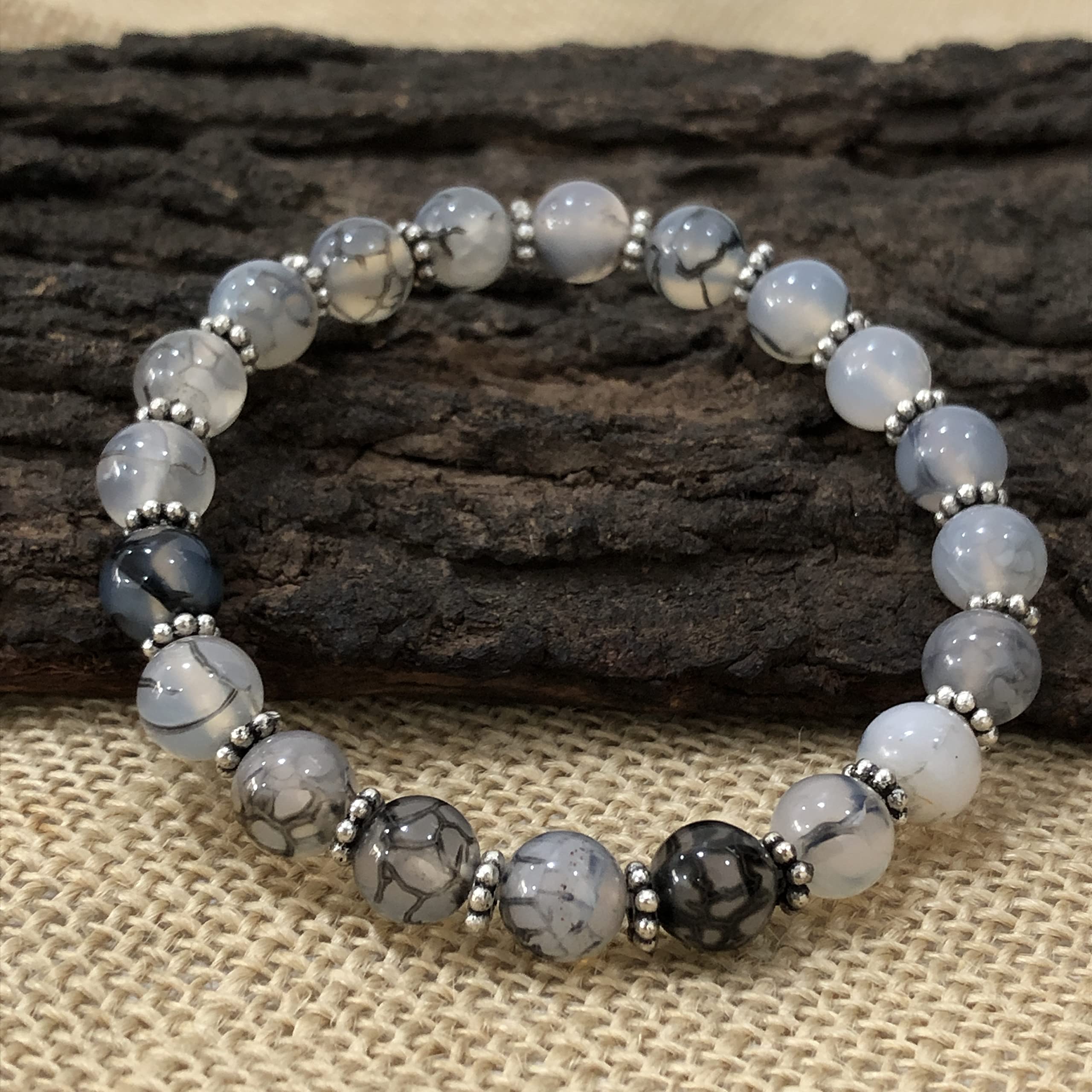 AAA Natural Dragon Vein Agate 8mm Round Beaded Stretch Bracelet - Chakra Healing Stone Elastic Wristband for Anxiety Relief, Handmade Yoga Meditation Jewelry Gift for Women (Perfect for Spiritual Healing & Stress Relief)