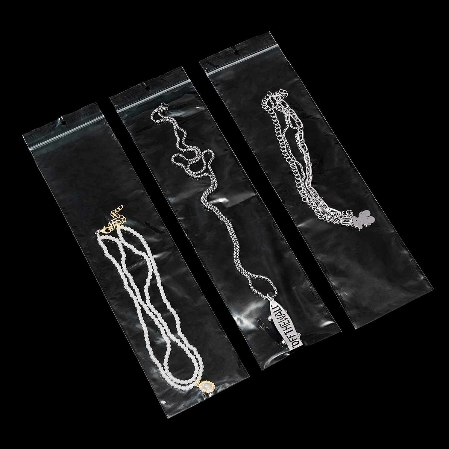 Piokio 100 Pack 3x12 Inch Clear Reclosable Zipper Plastic Bags with Hang Hole - 2 Mil Thick Jewelry Packaging Bags for Necklaces, Pendants, Incense & Small Items - Perfect for Retail Display, Shipping & Storage