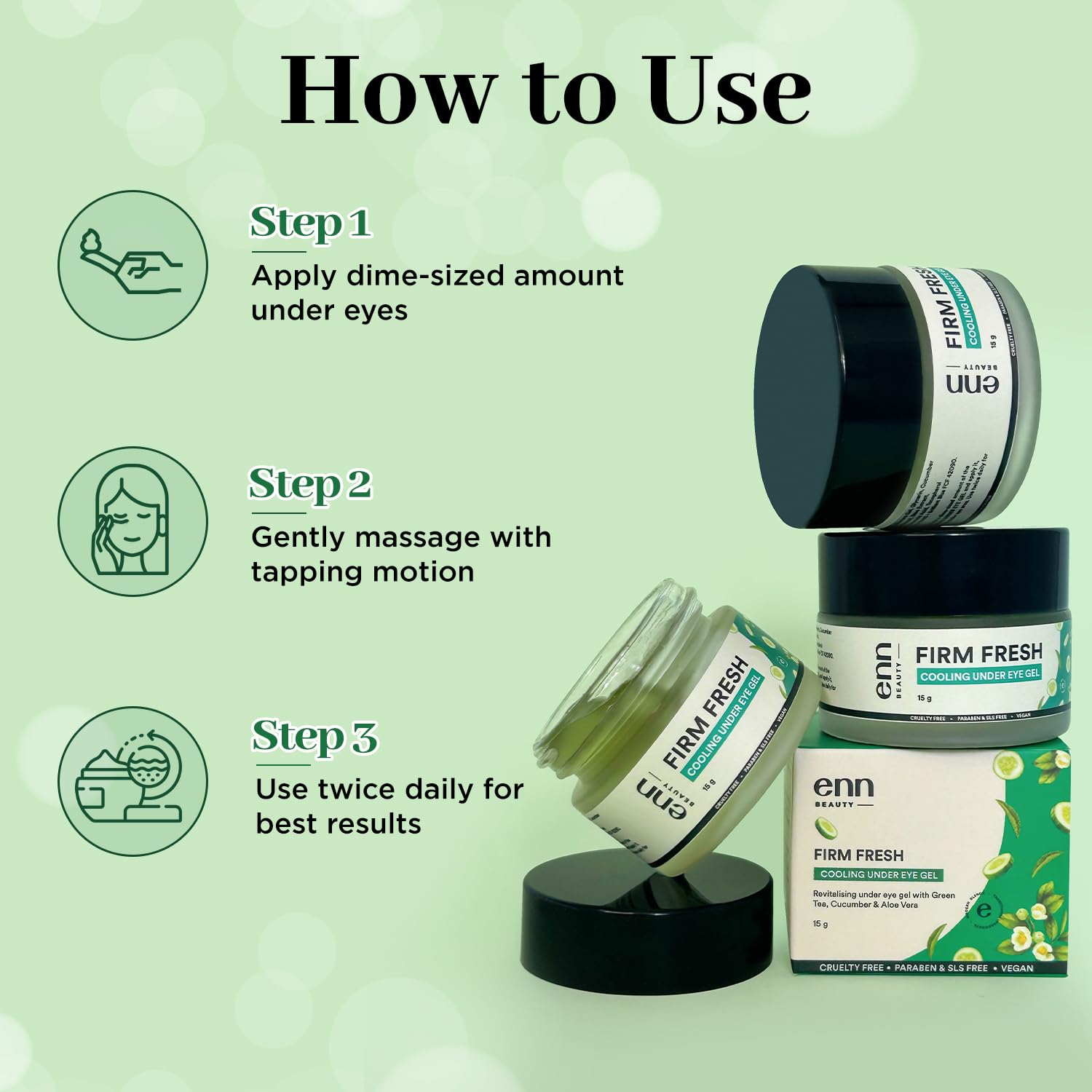 ENN Firm Fresh Cooling Under Eye Gel - Dark Circle & Puffiness Reducer for Tired Eyes - Anti-Wrinkle Treatment with Cucumber, Green Tea & Aloe Vera - 15g - Perfect for Morning Routine & Travel Skincare