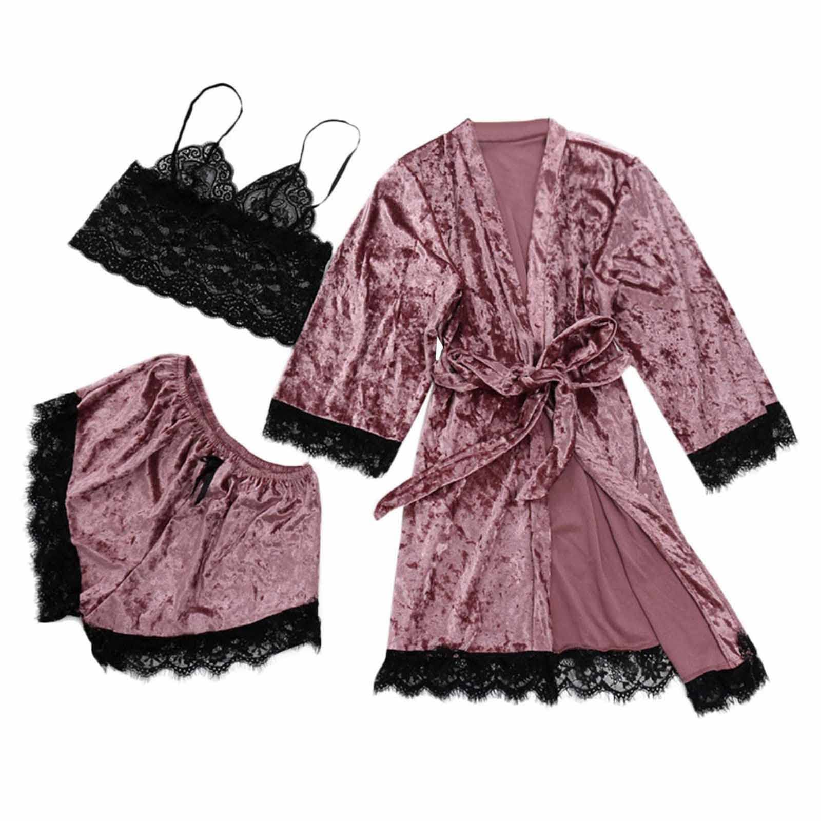 Sexy Women's Lace Trim Sleepwear Set - 2PC Velvet Cami Dress & Long Sleeve Robe Nightgown for Women | Cozy Homewear, Romantic Gift for Her | Perfect for Valentine's Day, Anniversary & Bedtime