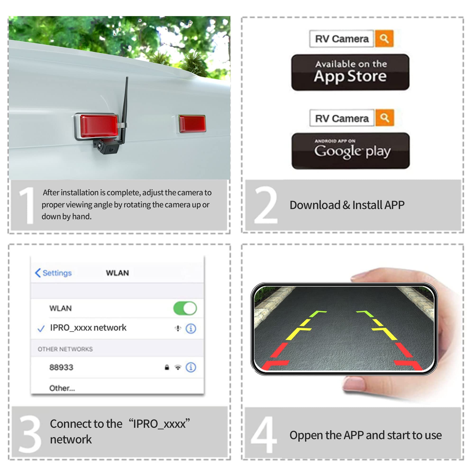 EWAY WiFi Wireless RV Backup Camera - Smart Reverse Rear View Camera for iOS & Android, Compatible with RV, Camper, 5th Wheel, Motorhome - Easy Surface Mount with Night Vision (Black) | Perfect for Safe Parking & Hitching in Low Light Conditions
