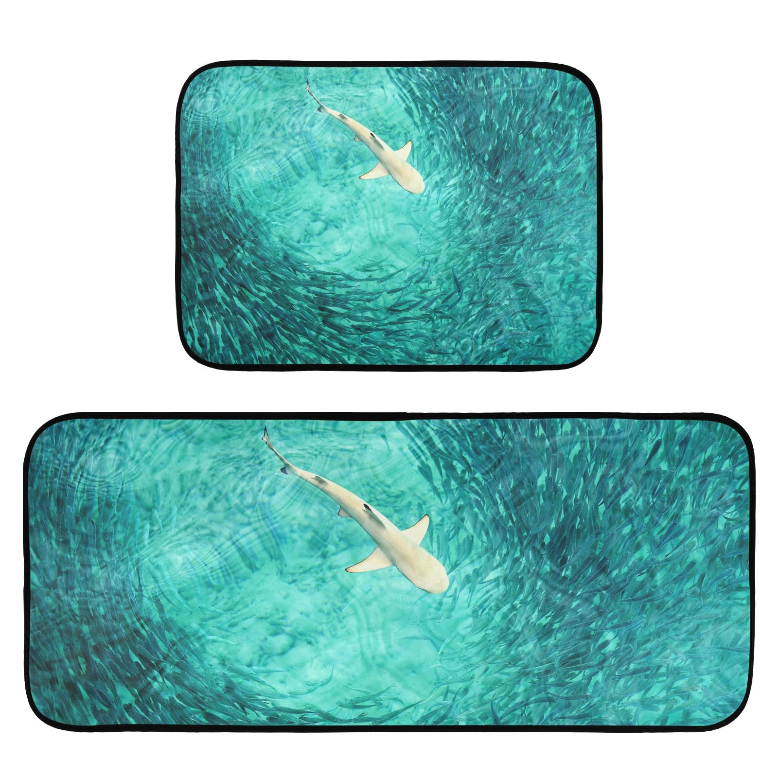 Baby Shark Hunting Kitchen Mat Set of 2 - Anti-Fatigue Non-Slip Cushioned Foam Rugs for Kitchen, Office & Laundry - Heavy Duty Comfort Standing Mats for Home Decor & Floor Protection
