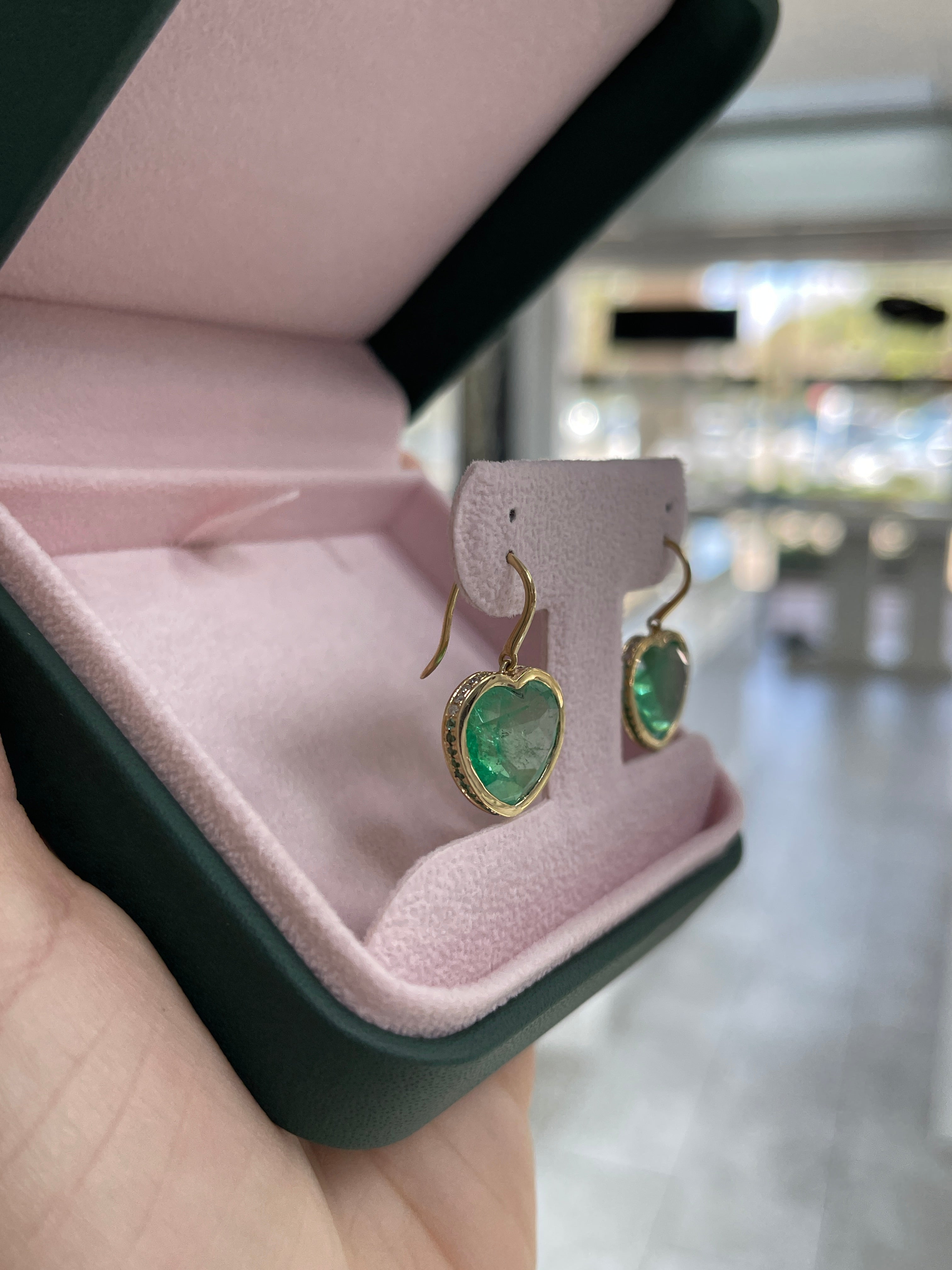17.40tcw Bubbly Colombian Emerald Heart Dangle Earrings with Ombre Diamond & Emerald Bezel in 18K Gold – Elegant Jewelry for Weddings, Parties & Special Occasions