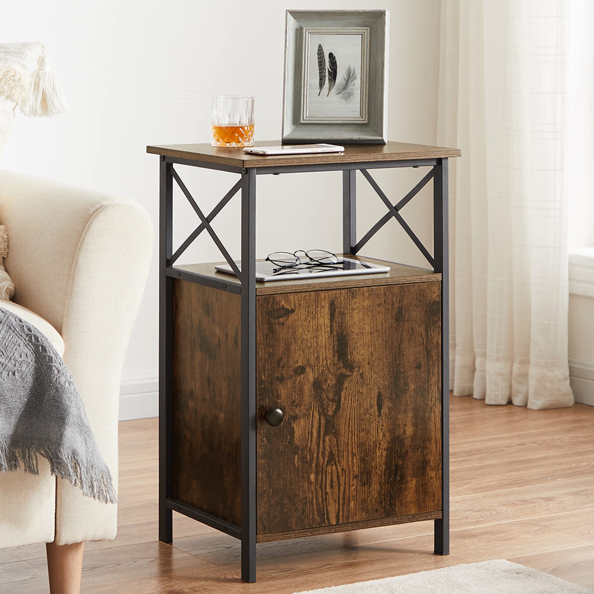 VECELO Modern Nightstand with Storage Shelf & Bin Drawer - Rustic Brown End Table for Bedroom & Living Room (15.7