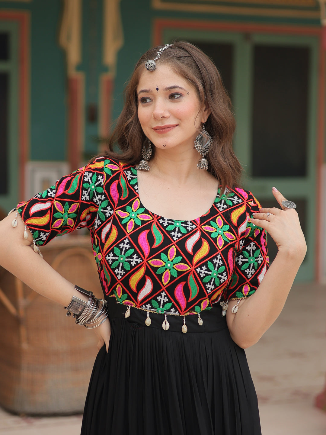 Elegant Black Navratri Anarkali Long Gown with Kutchi Gamthi Embroidery - Perfect for Festivals, Weddings & Cultural Events