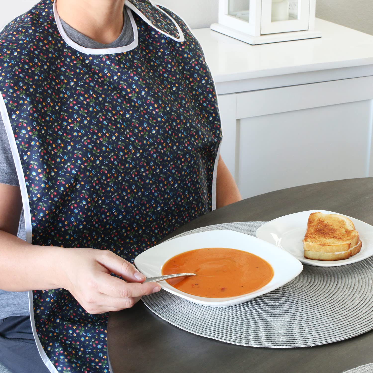 DMI Washable Waterproof Adult Bibs for Men & Women - Reusable Eating Bibs for Elderly & Adults - Green Print Design - Perfect for Dining, Nursing Homes & Mealtime Protection