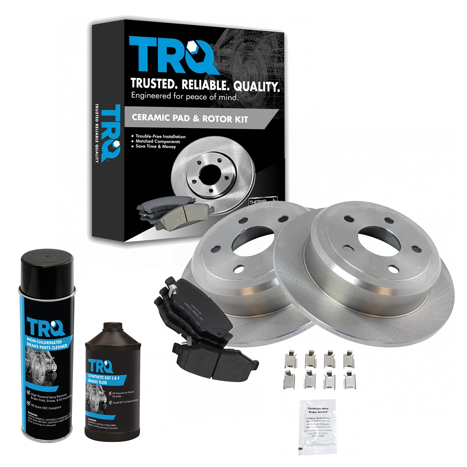 TRQ Rear Brake Pad & Rotor Kit with Brake Chemical - Ceramic Brake Pads & Rotors Compatible with 2007-2018 Jeep Wrangler JK - Perfect for Off-Roading & Daily Driving