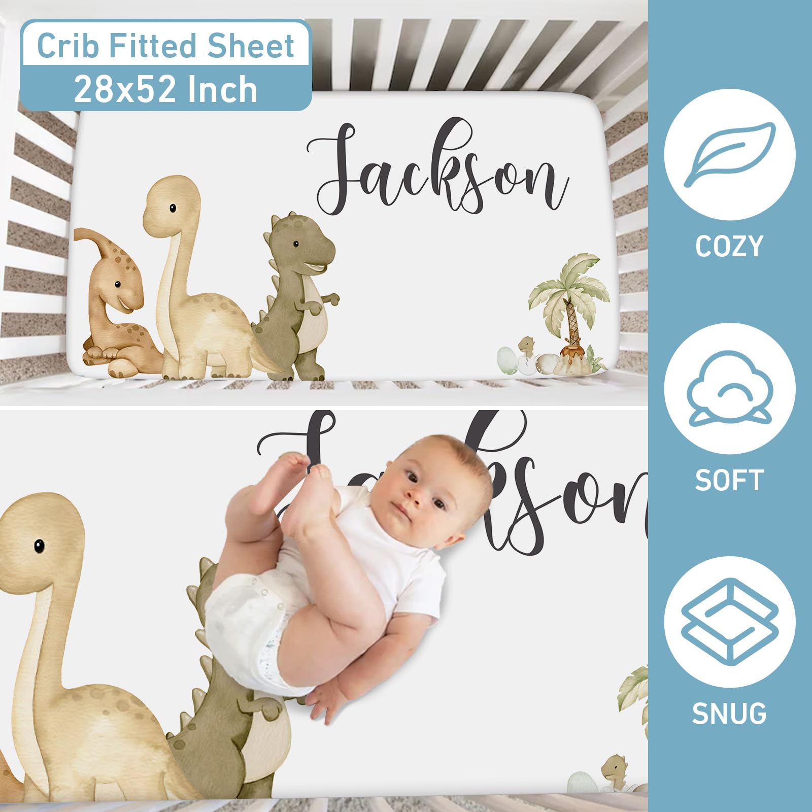 Personalized Neutral Dinosaur Baby Crib Bedding Set - 5 Piece Nursery Set with Fitted Crib Sheet, Toddler Blanket & Baby Area Rug for Boys & Girls | Perfect for Nursery Decor, Baby Shower Gifts & Newborn Essentials