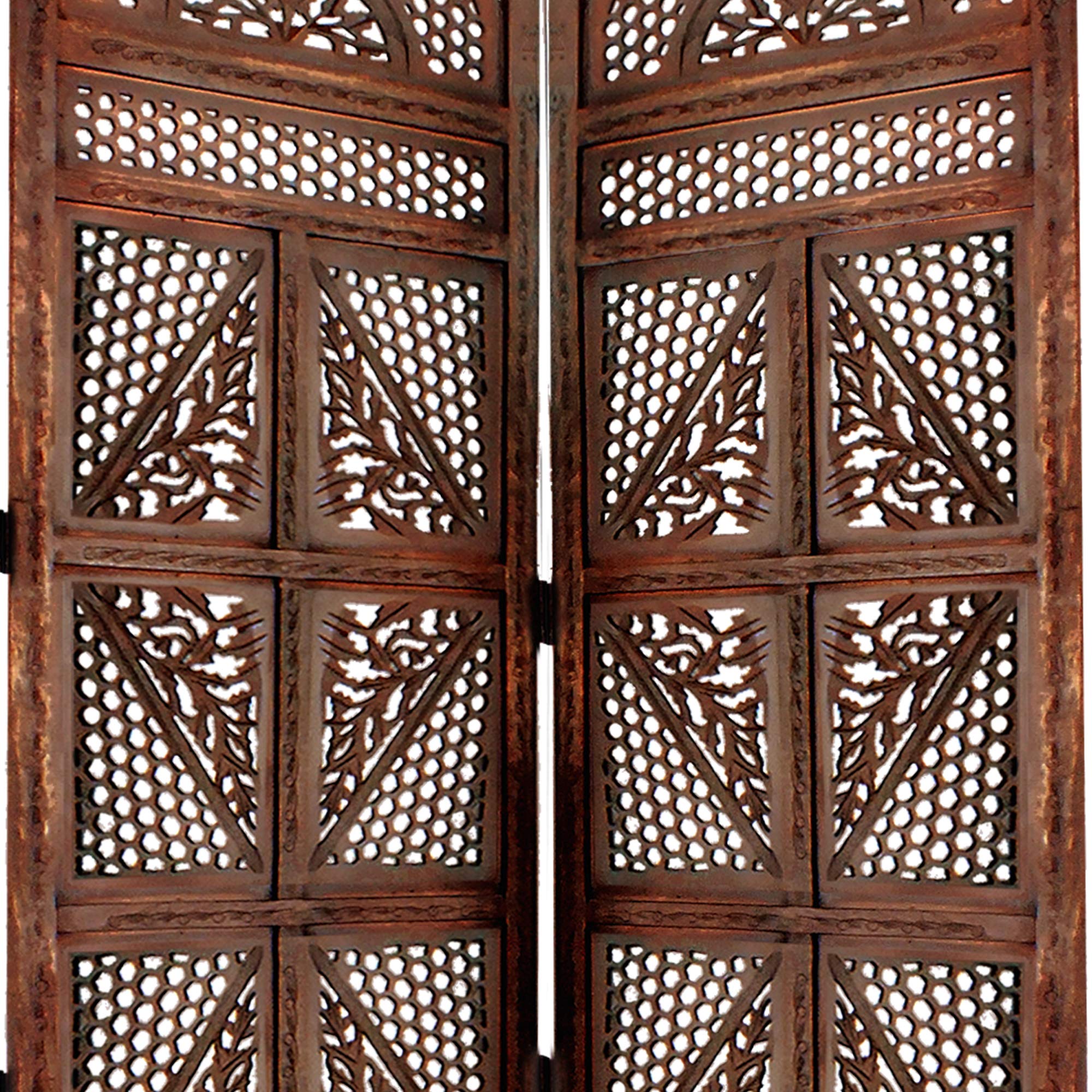 Benjara Traditional 4-Panel Wooden Room Divider with Hand-Carved Details - Antique Brown - Privacy Screen for Home, Office & Bedroom Decor